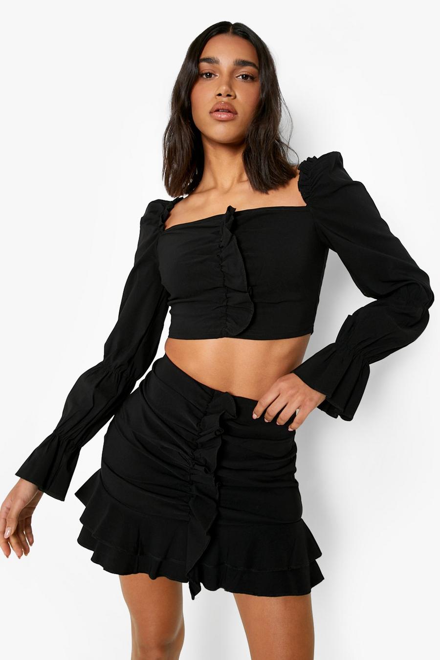 Black Woven Stretch Ruffle Crop & Mini Skirt  image number 1