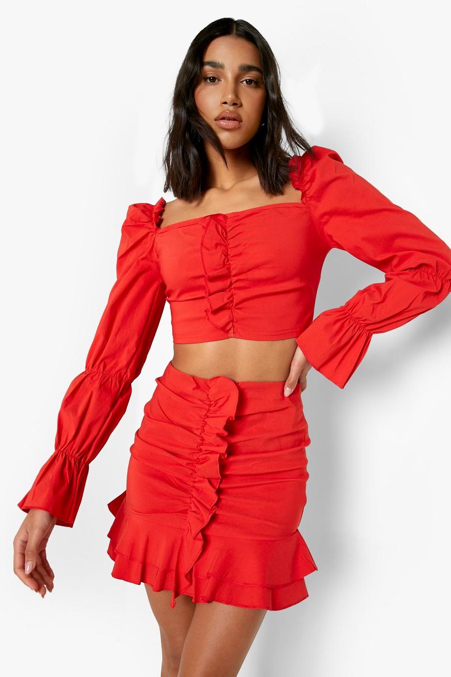 Red Woven Stretch Ruffle Crop & Mini Skirt image number 1