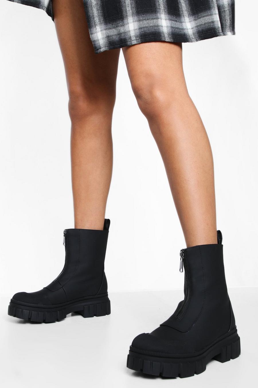 Black Zip Detail Chunky Boots image number 1