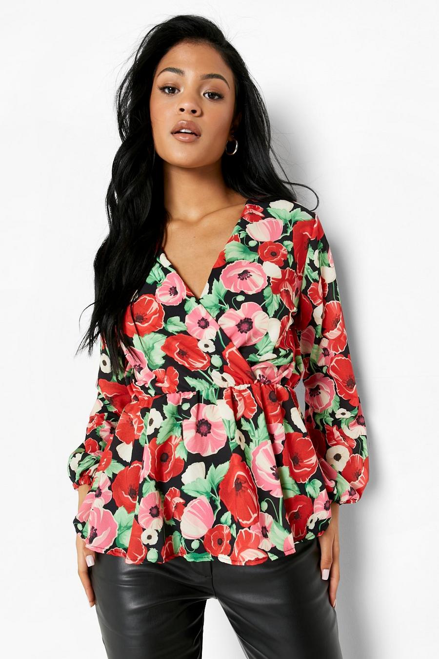 Red Tall Floral Wrap Blouse image number 1