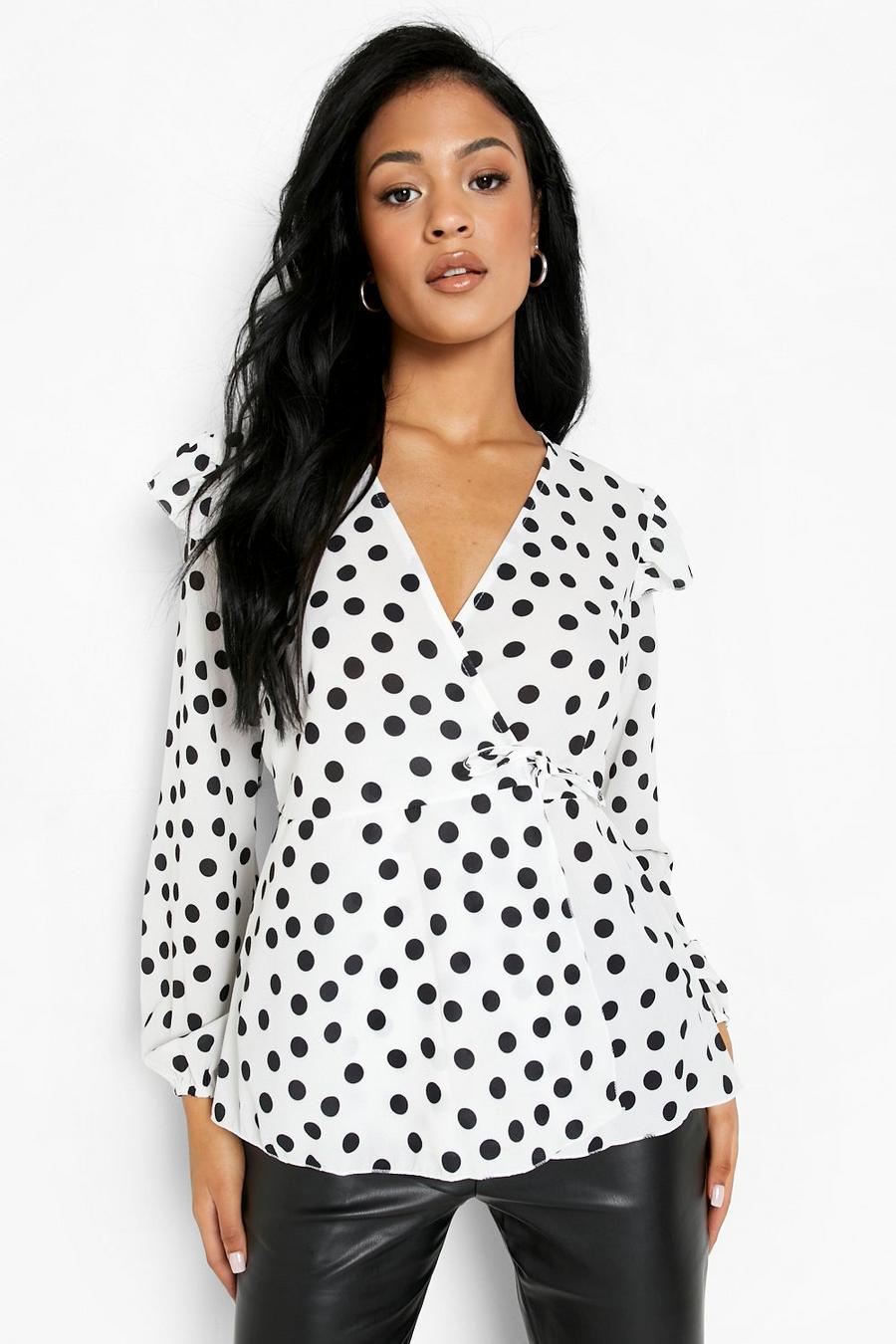 White Tall Polka Dot Frill Wrap Blouse image number 1