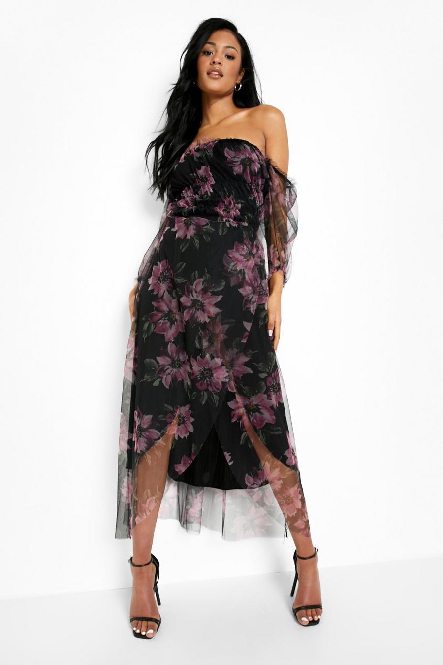 Black Tall Floral Mesh Off The Shoulder Midi Dress image number 1