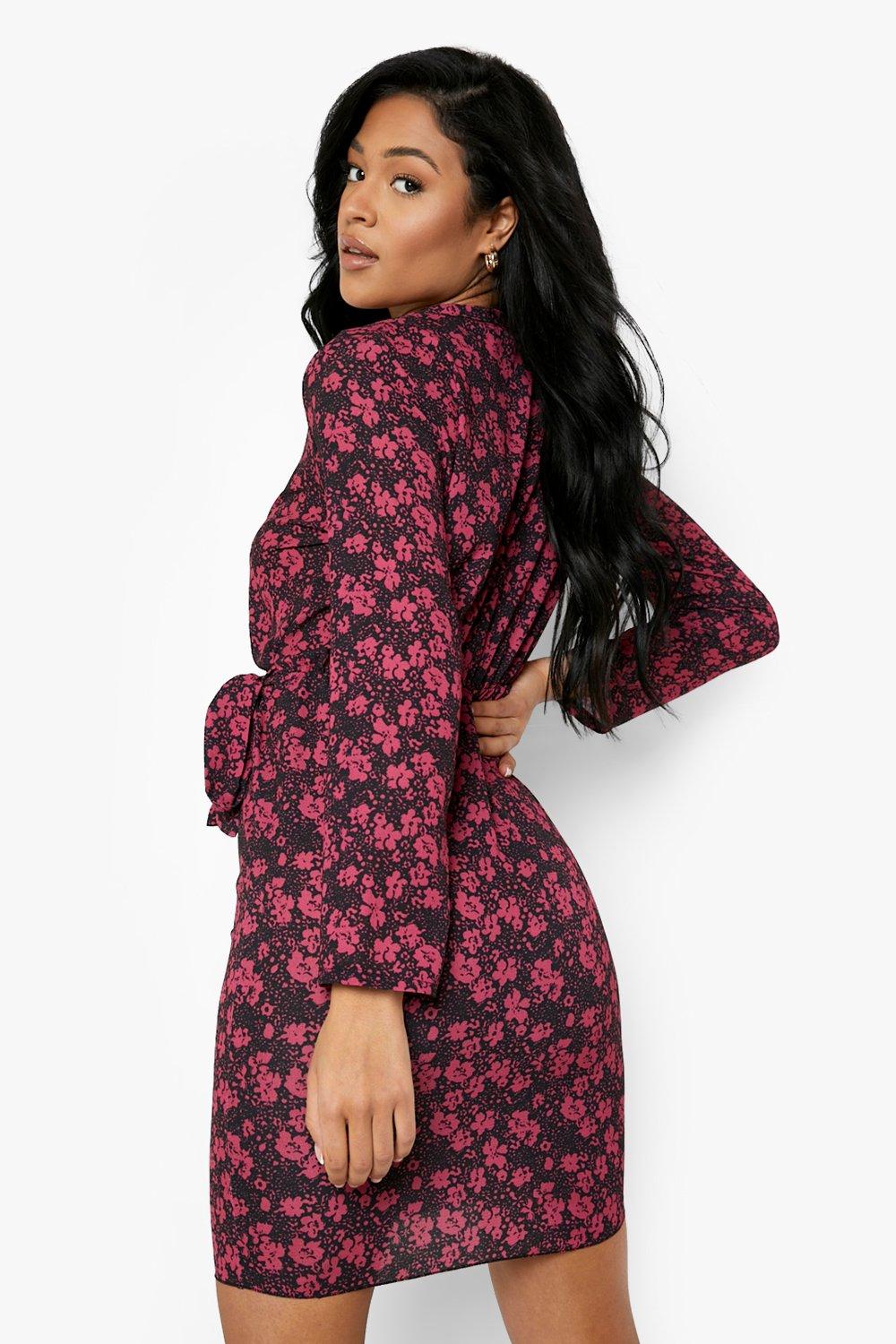 Boohoo midi wrap dress in red ditsy outlet floral