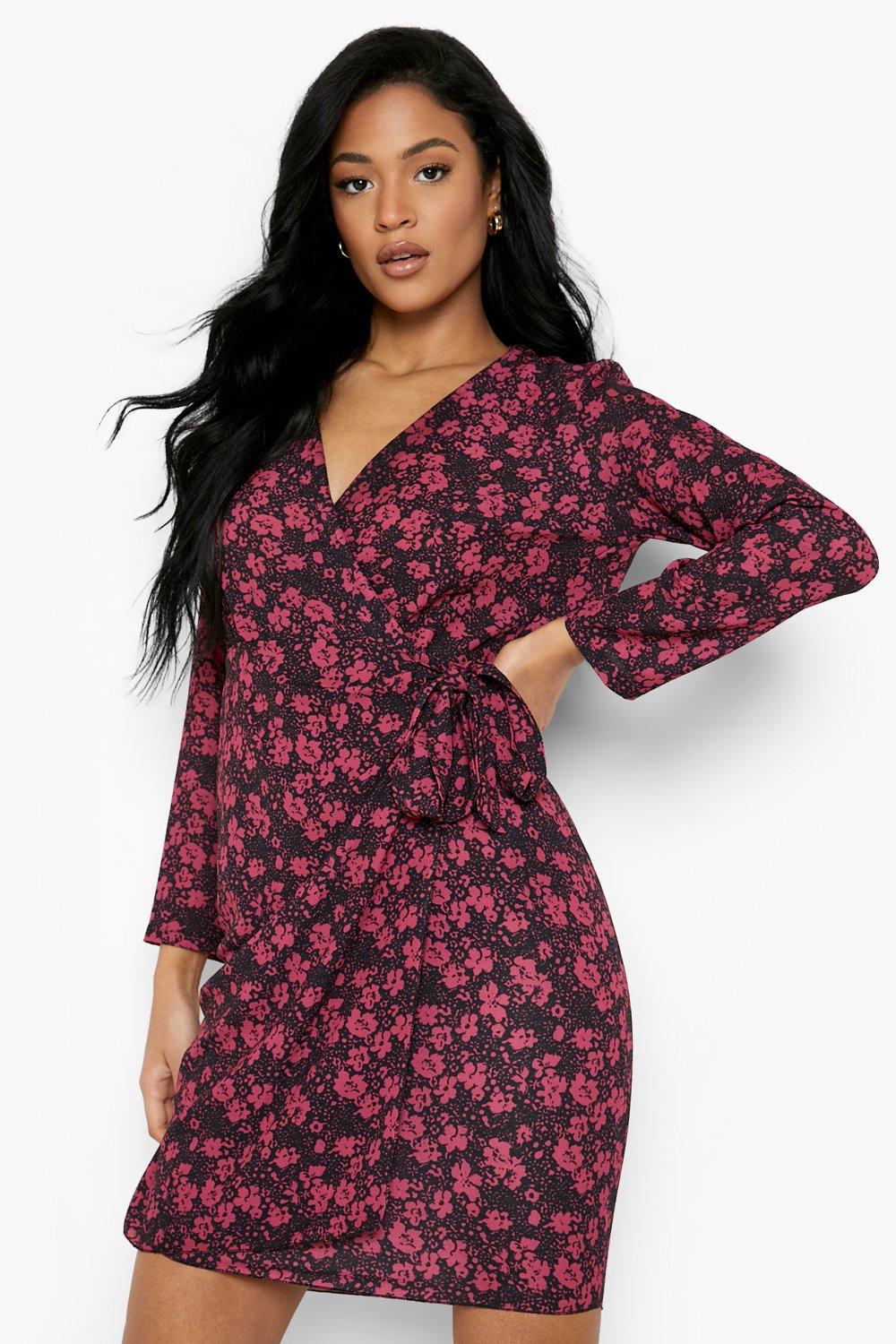 Boohoo midi wrap dress in red ditsy outlet floral