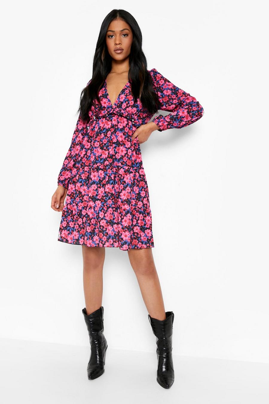 Tall Pink Floral Ruffle Smock Dress image number 1