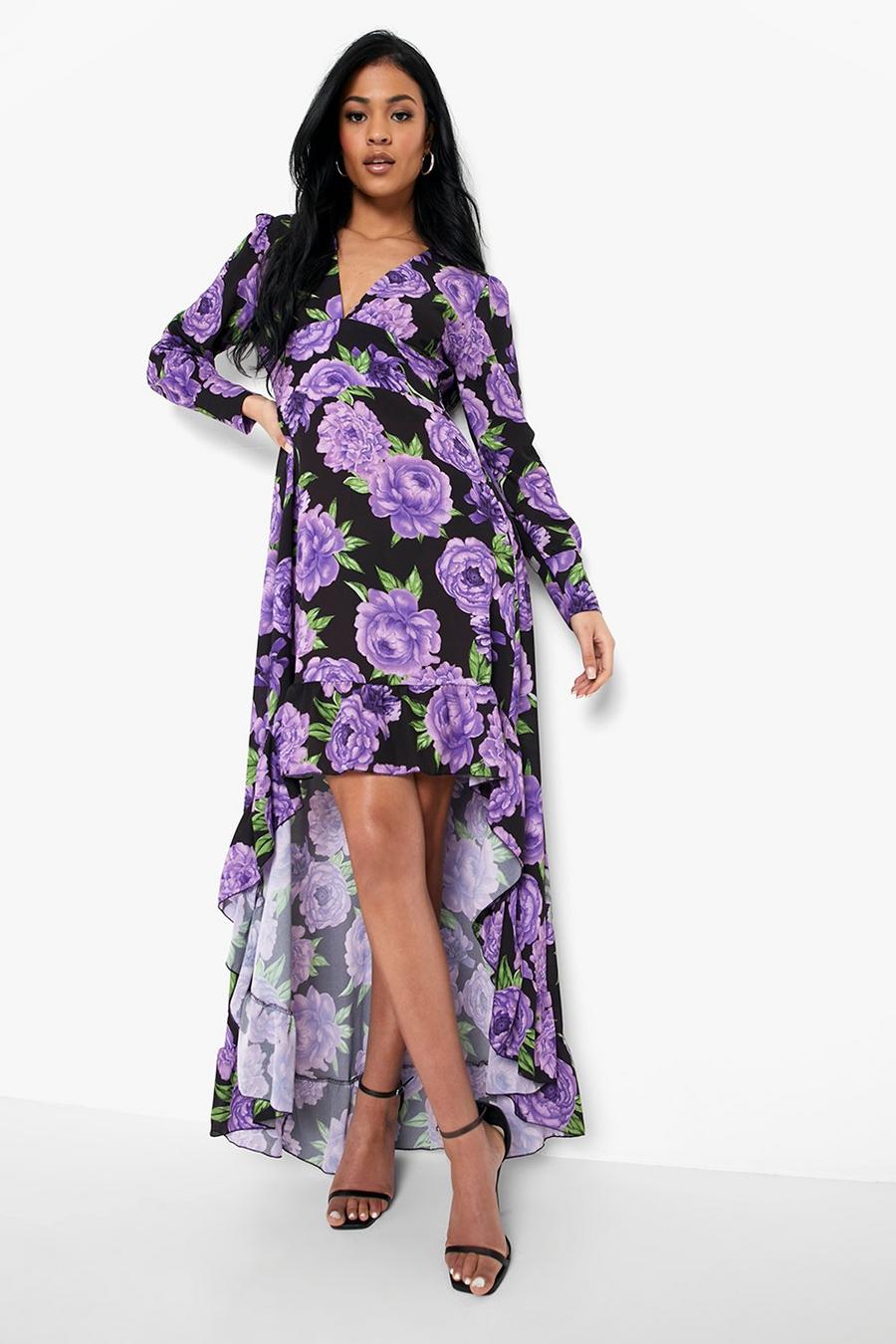 Purple Tall Floral High Low Frill Dress image number 1