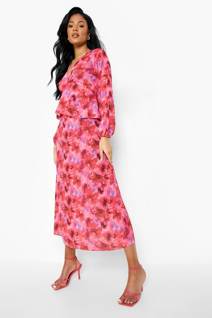 Pink Tall Floral Peplum Detail Midaxi Dress image number 1