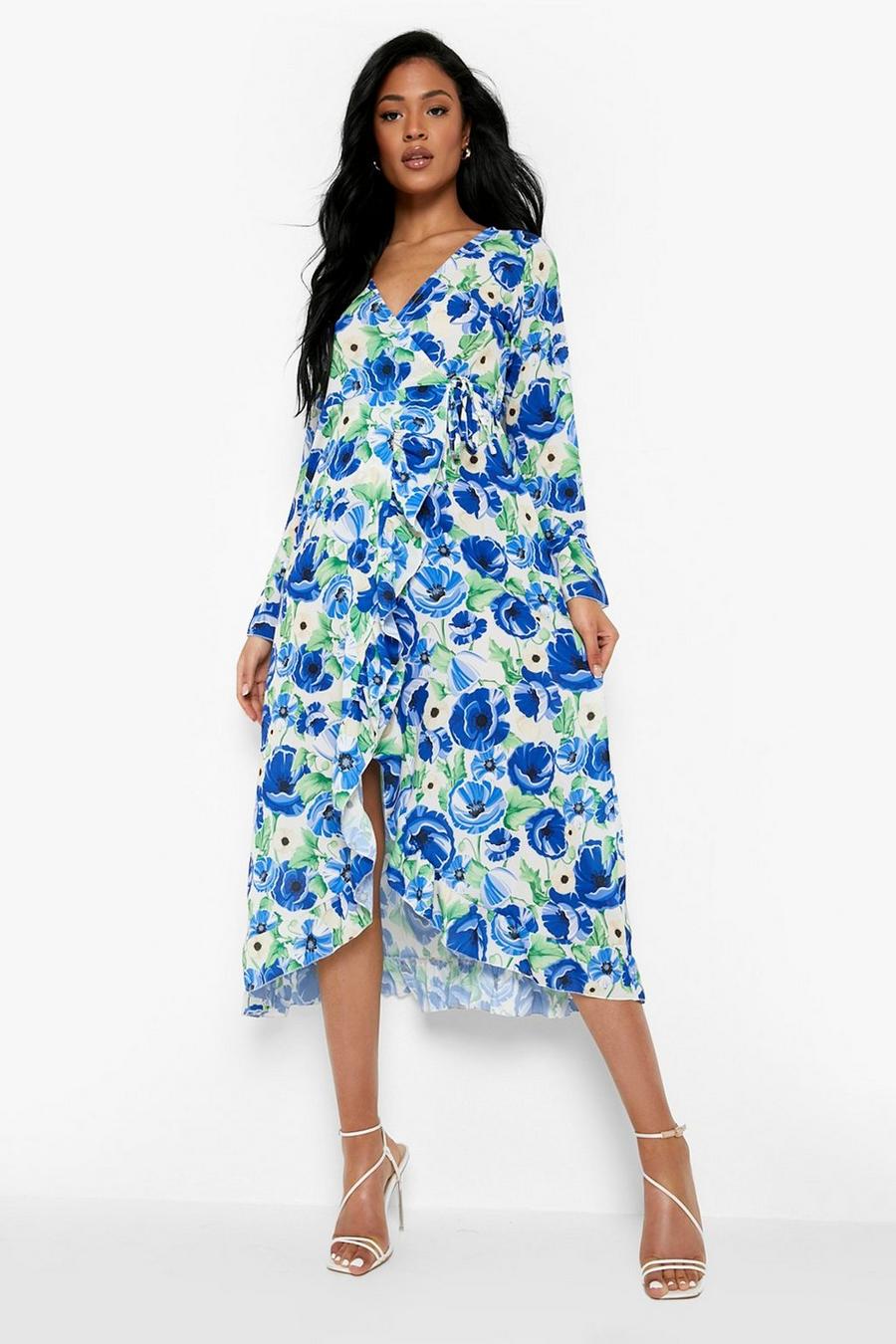 Blue Tall Floral Wrap Tie Frill Midaxi Dress  image number 1