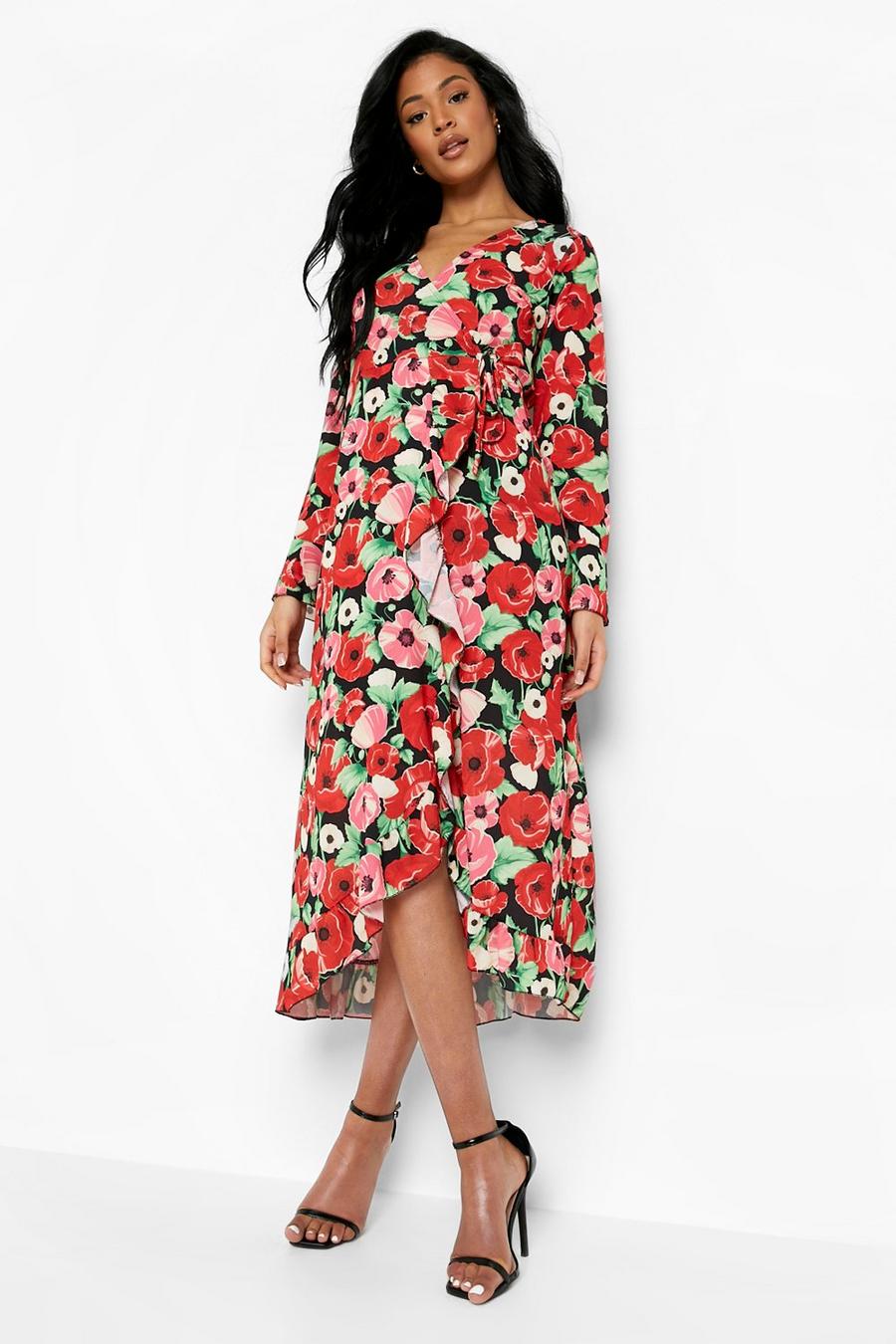 Red Tall Floral Wrap Tie Frill Midi Dress image number 1