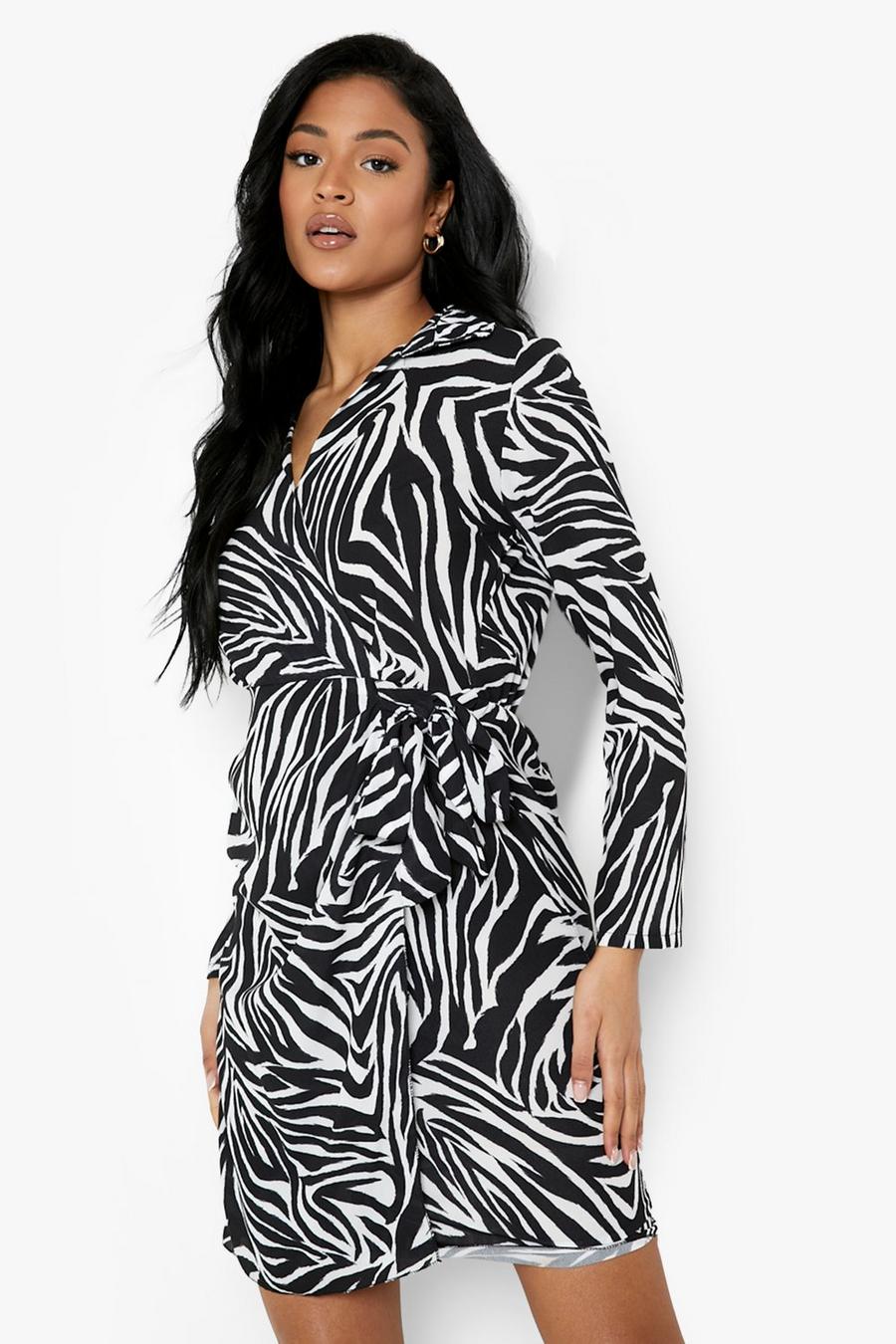 Black Tall Zebra Print Collared Dress image number 1