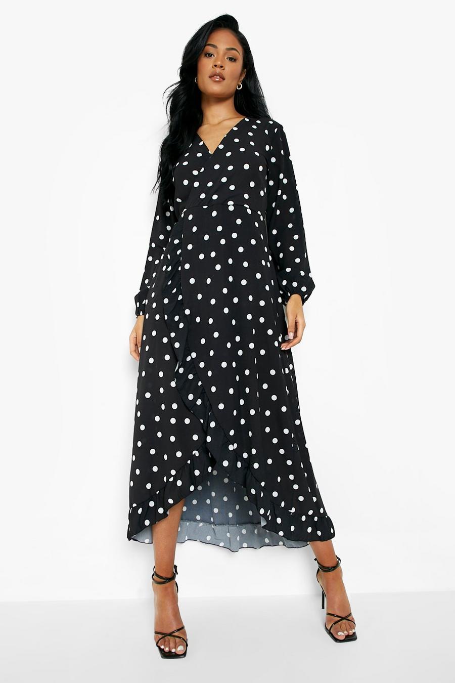 Black Tall Polka Dot Wrap Frill Dress image number 1