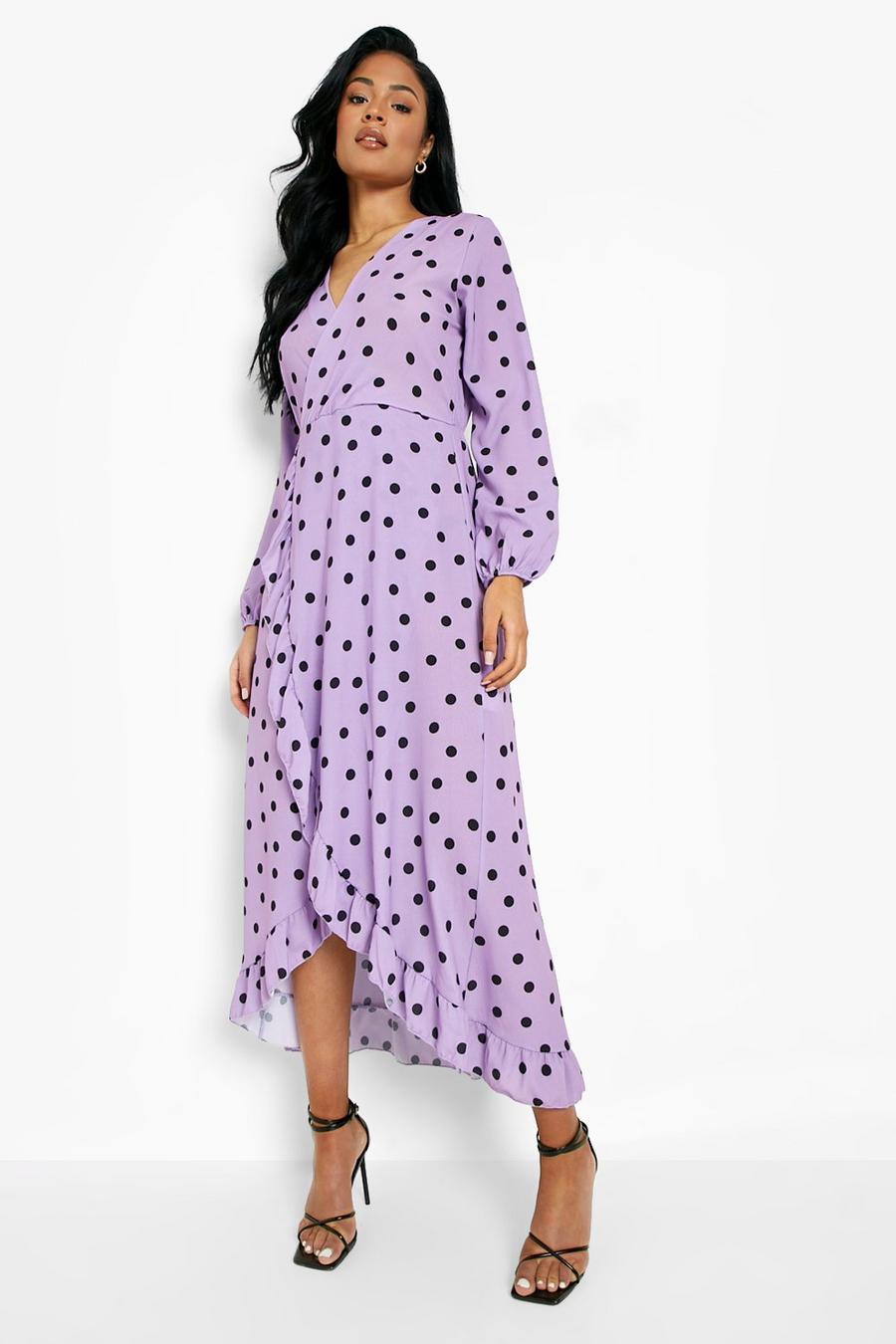 Purple Tall Polka Dot Wrap Frill Dress image number 1