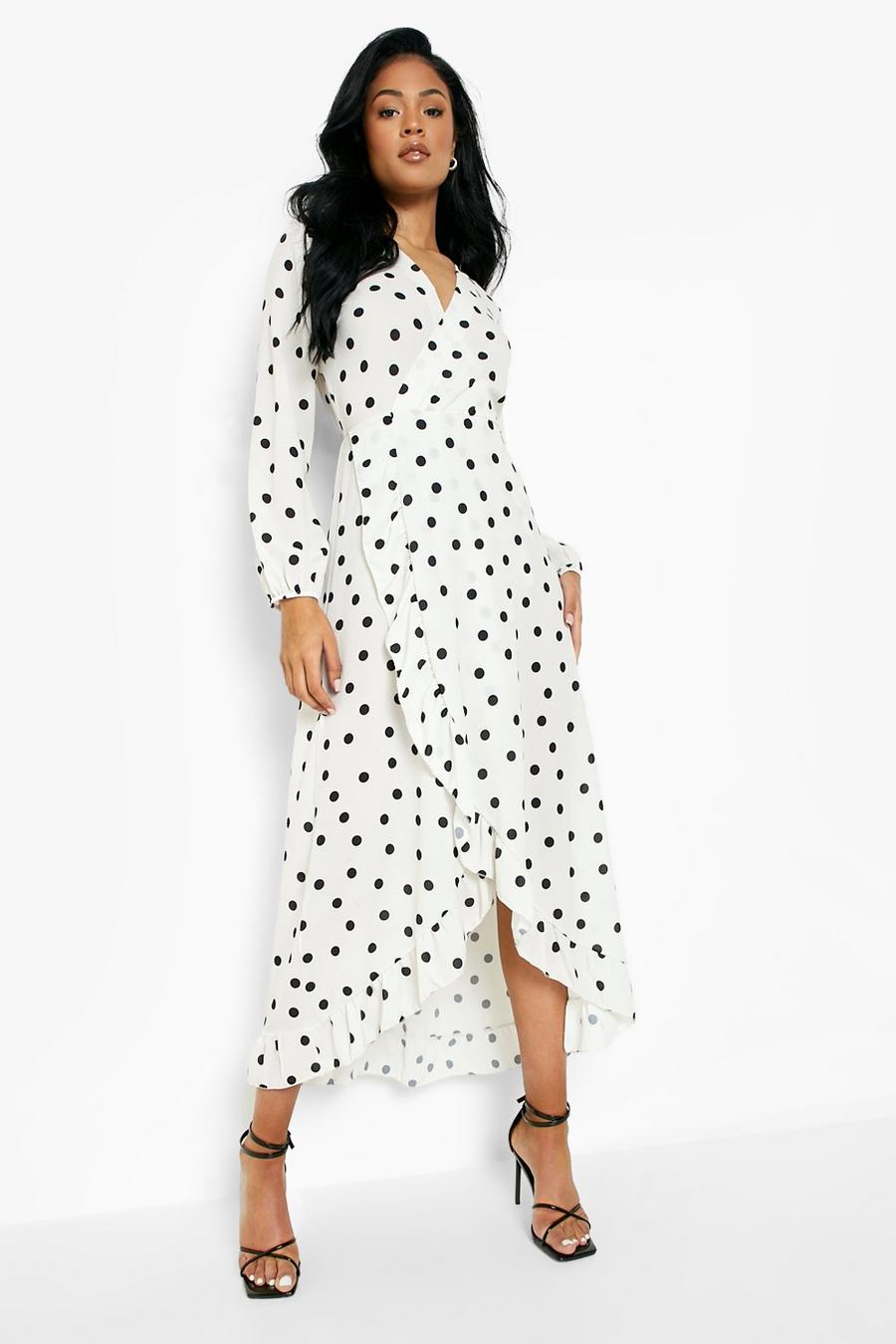 White Tall Polka Dot Wrap Frill Dress image number 1