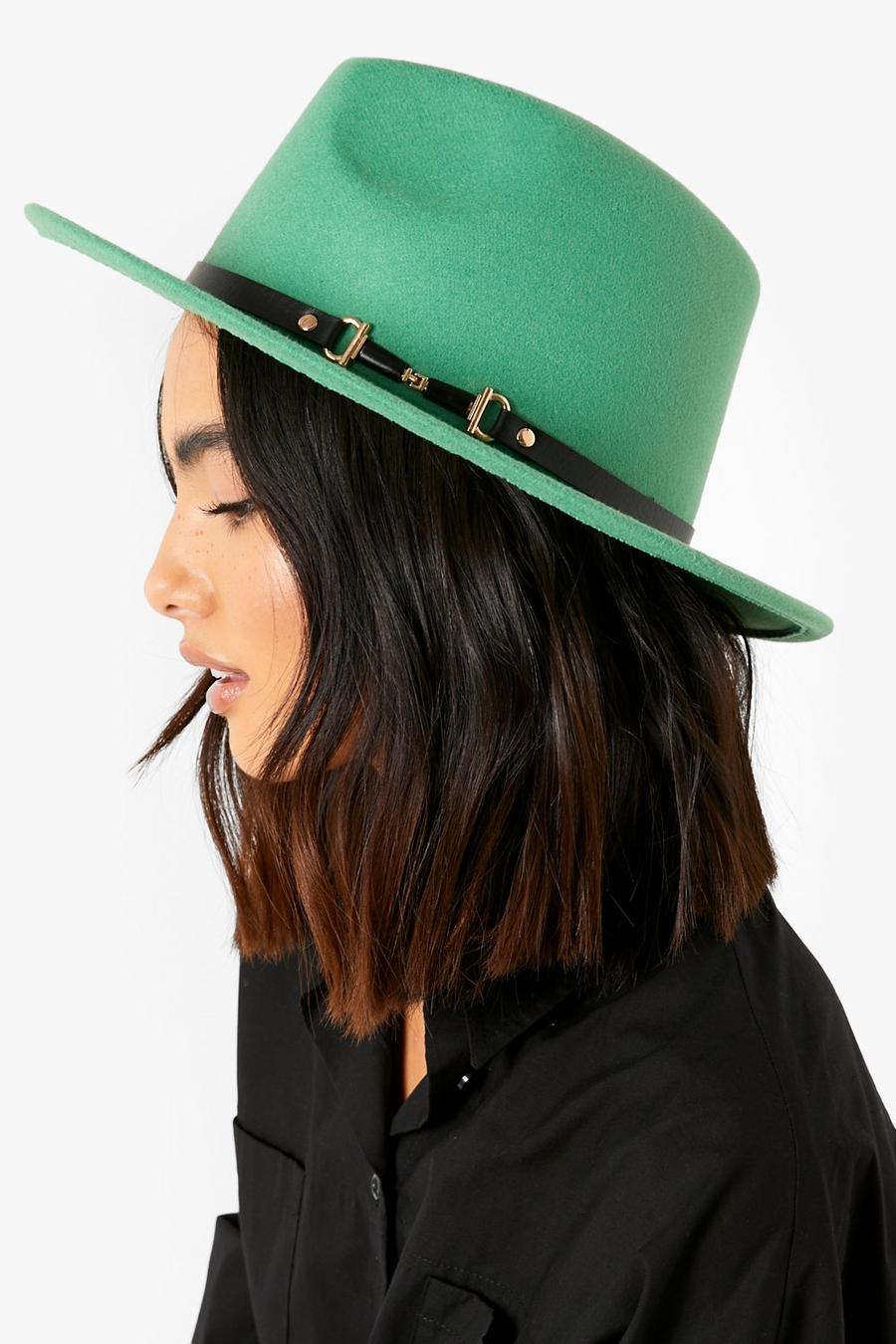 Bottle green כובע פדורה בייסיק עם עיטור סרט ופס ירוק  image number 1