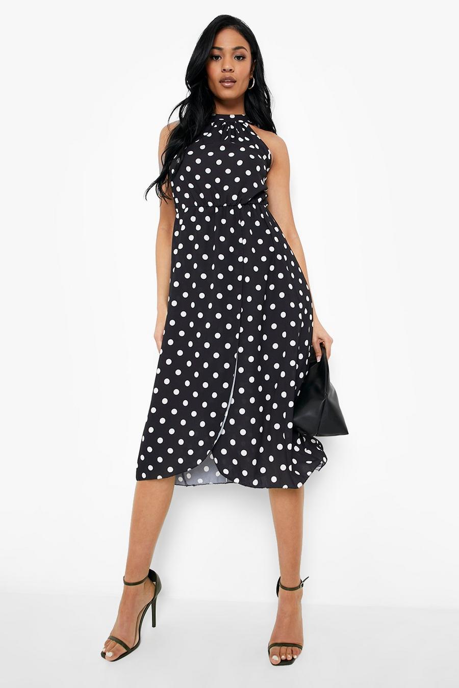 Black Tall Polka Dot Split Front Midi Dress image number 1