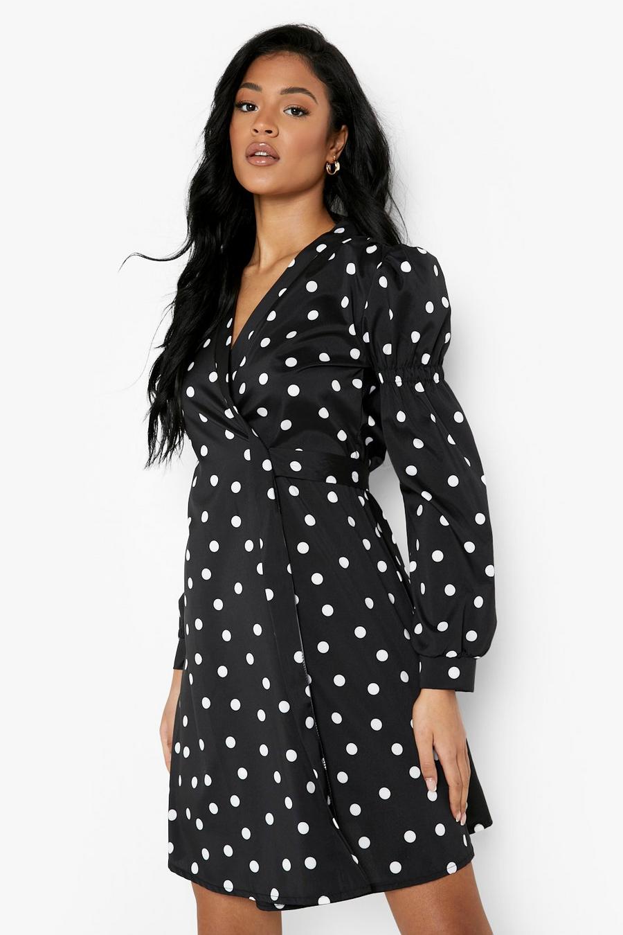 Black Tall Polka Dot Volume Sleeve Wrap Mini Dress image number 1