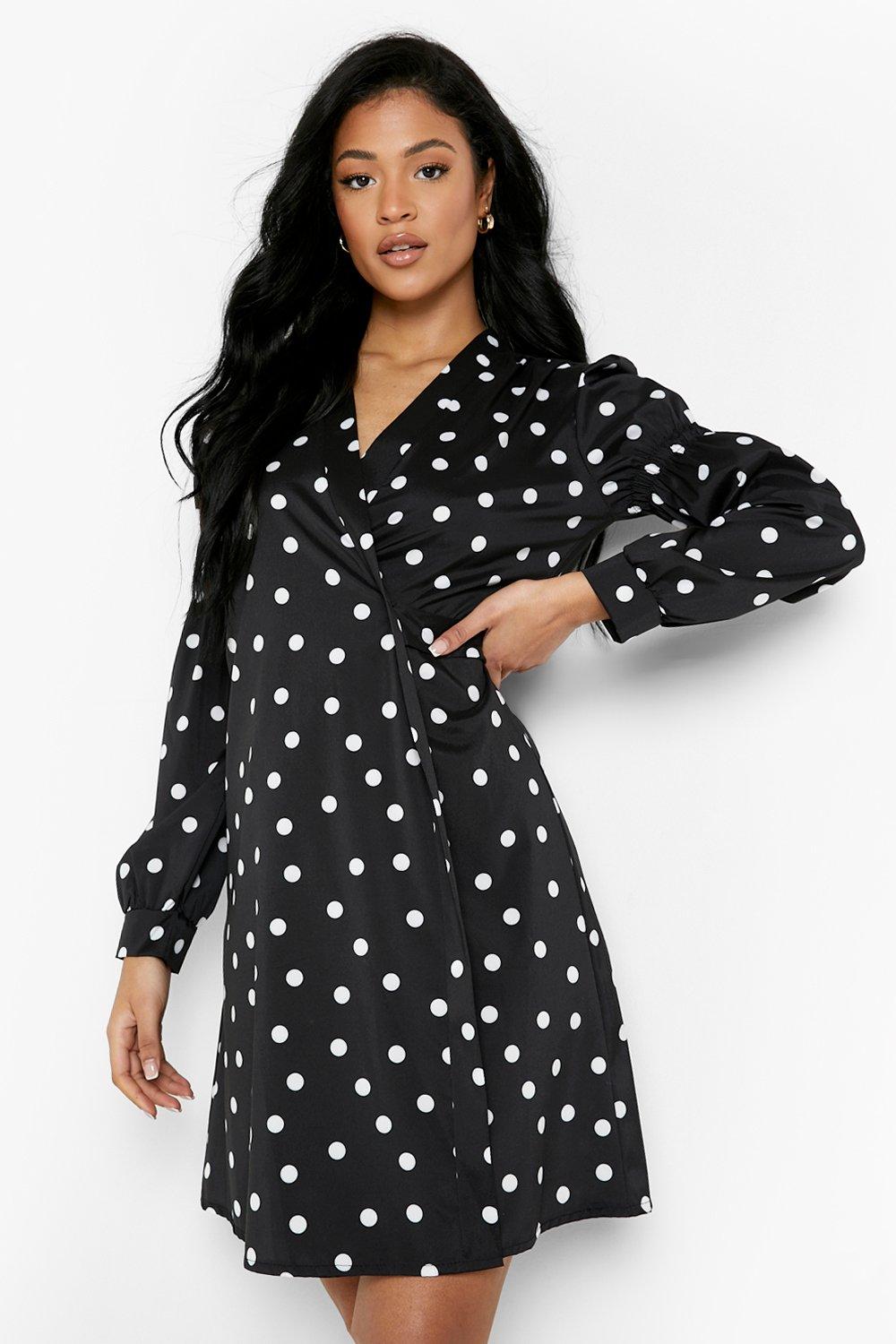 Tall Polka Dot Puff Sleeve Wrap Mini Dress