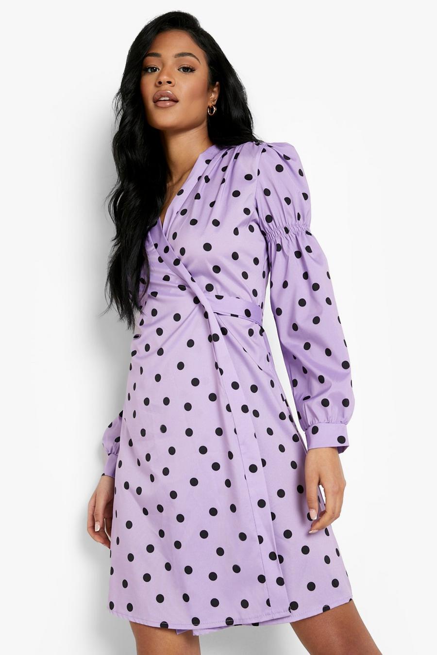 Purple Tall Polka Dot Puff Sleeve Wrap Mini Dress image number 1