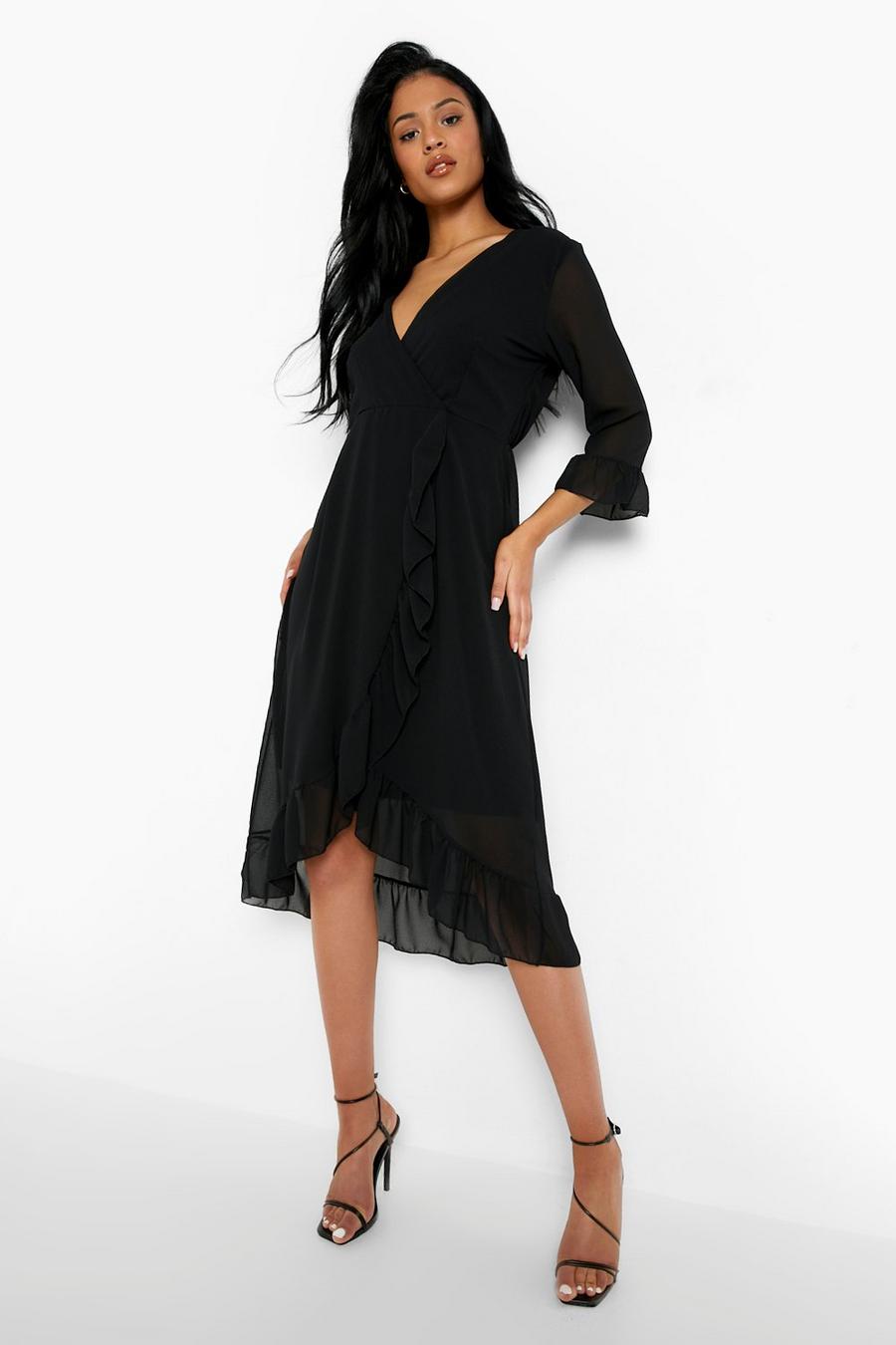 Black Tall Frill Detail Wrap Chiffon Midi Dress image number 1