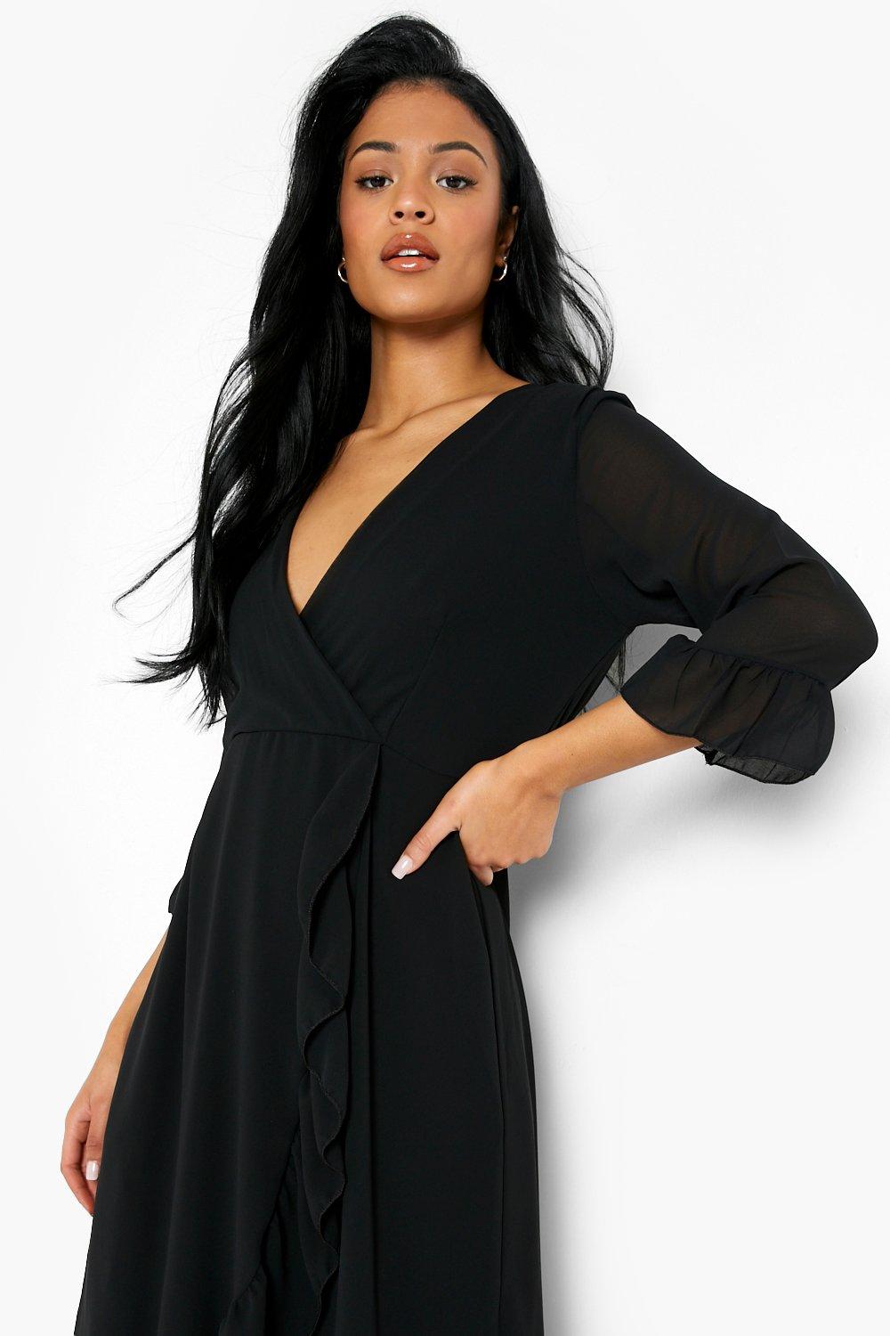 Black frill detail wrap dress on sale