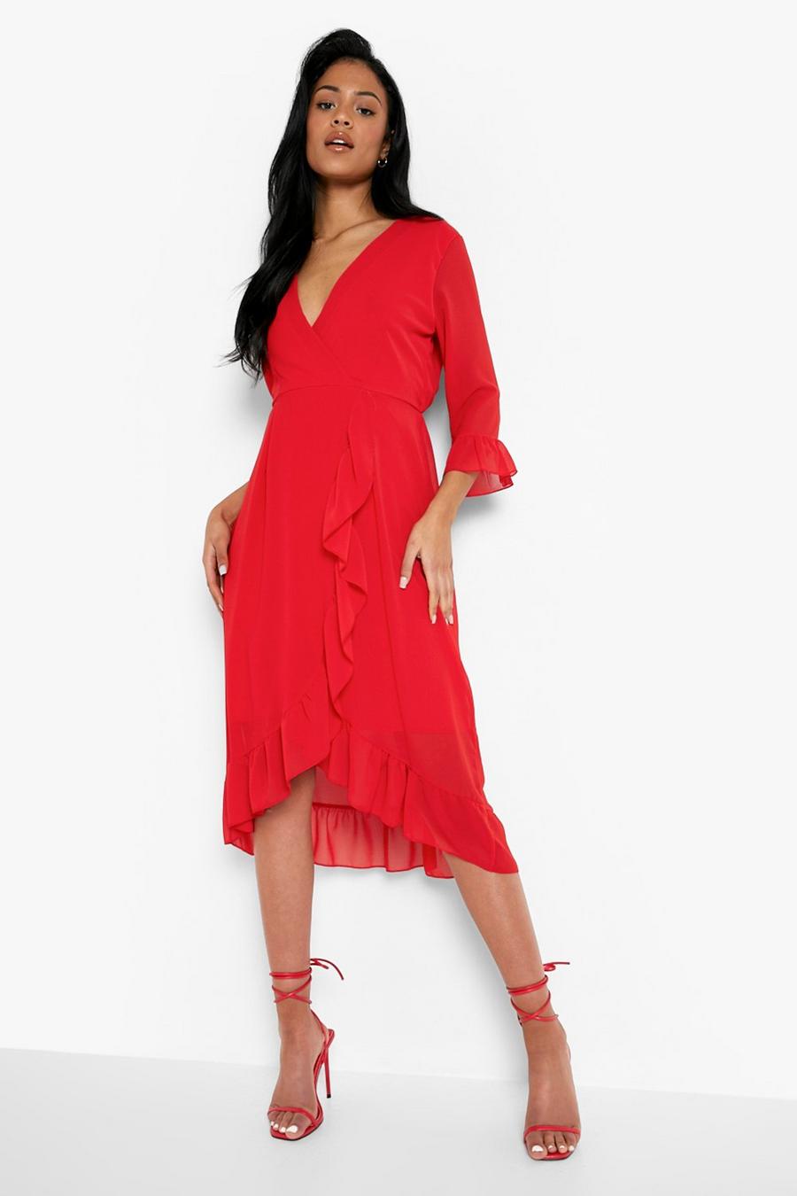 Red Tall Frill Detail Wrap Chiffon Midi Dress image number 1