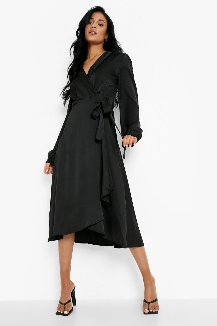 Black Tall Satin Wrap Over Occasion Dress image number 1