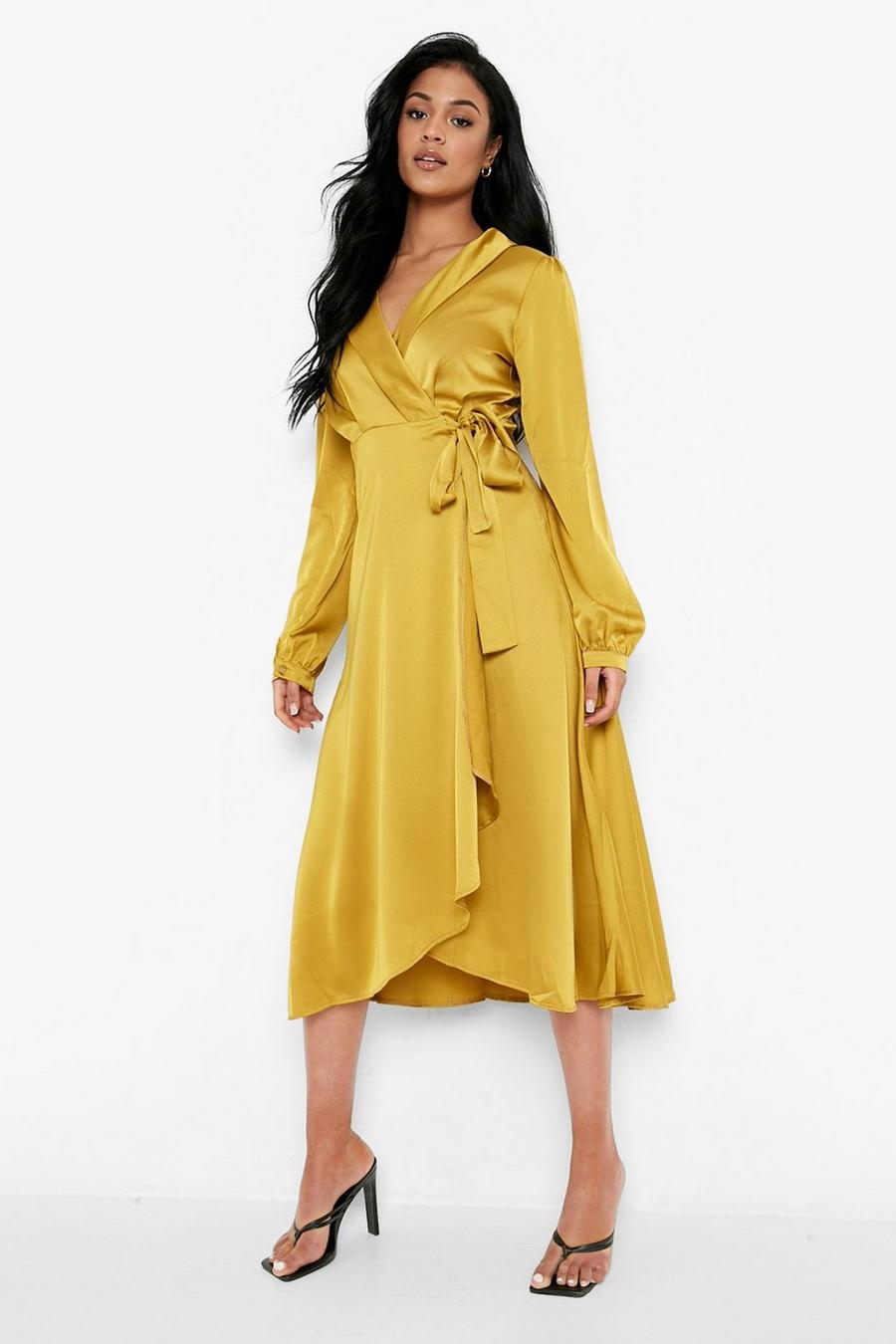 Chartreuse Tall Satin Wrap Over Occasion Dress image number 1