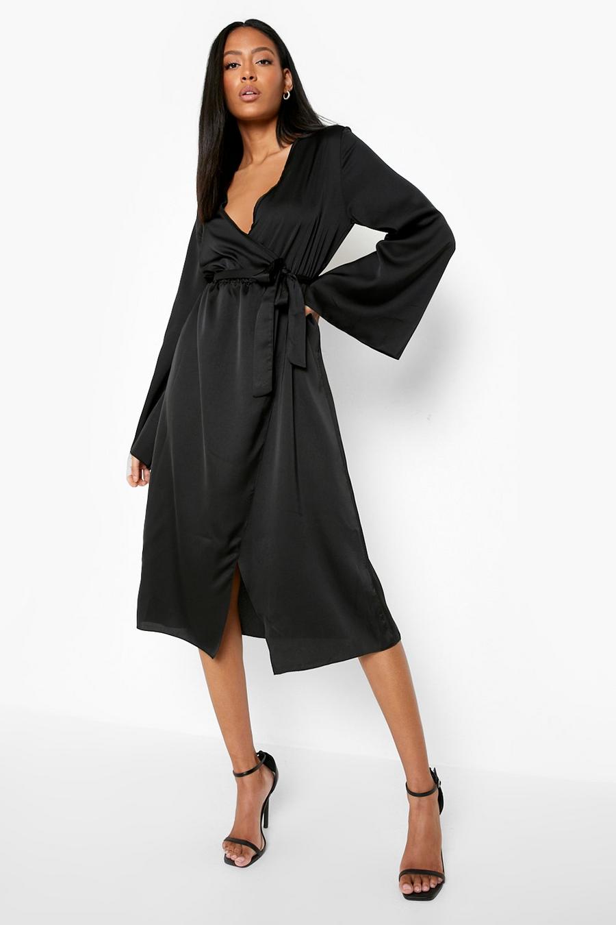 Black Tall Wrap Bell Sleeve Satin Dress image number 1