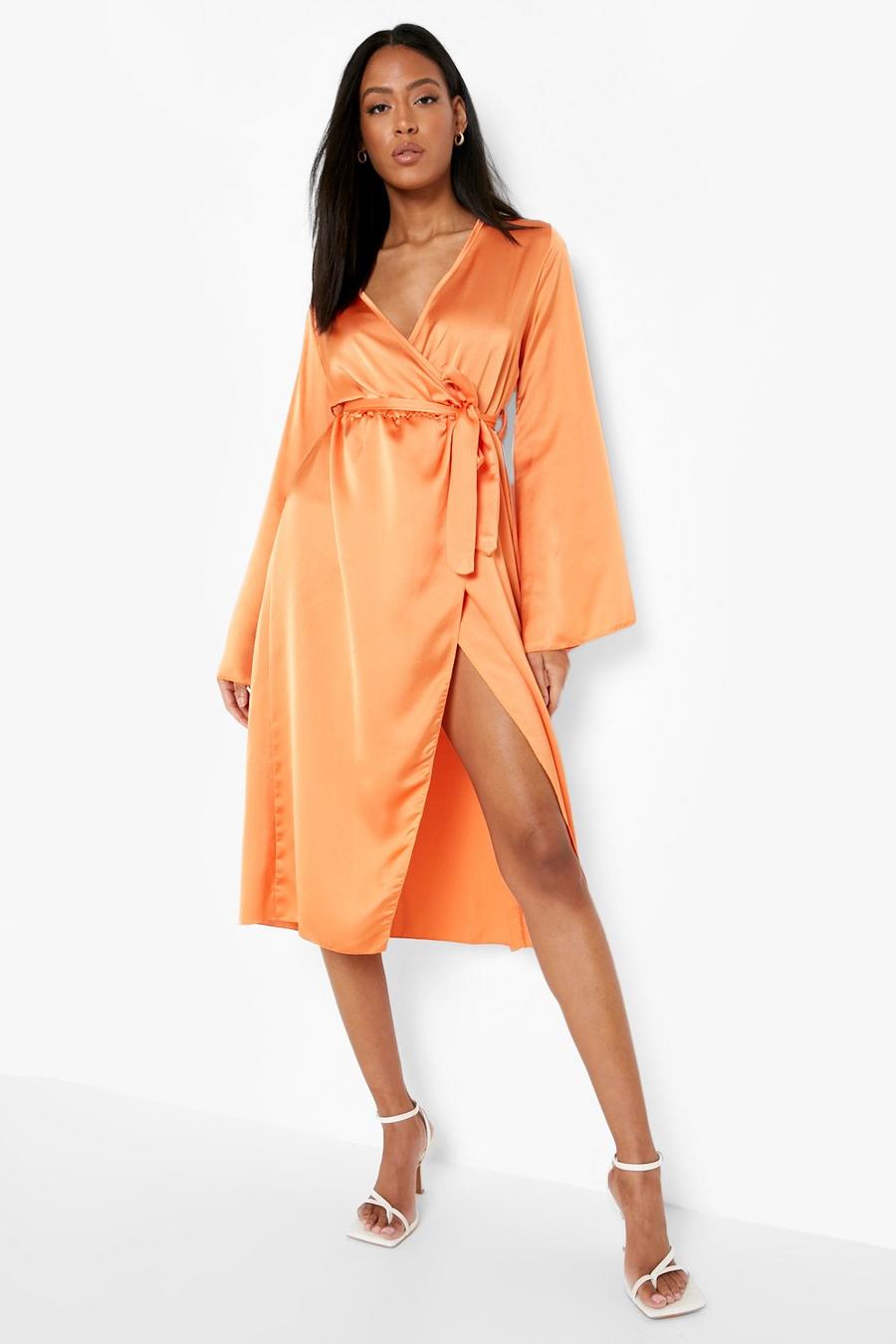 Orange Tall Wrap Bell Sleeve Satin Dress image number 1