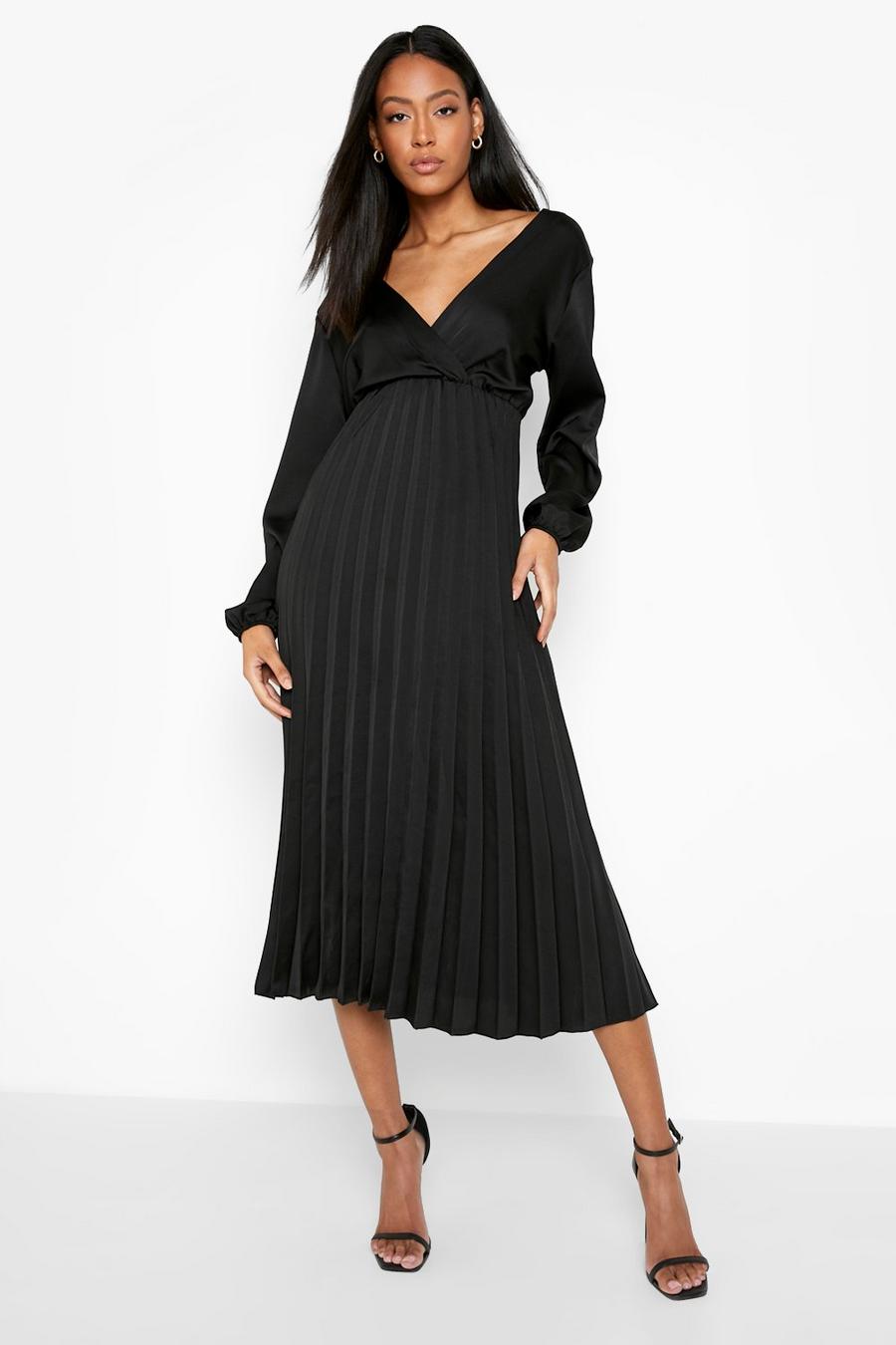 Black Tall Off The Shoulder Pleated Satin Dress image number 1