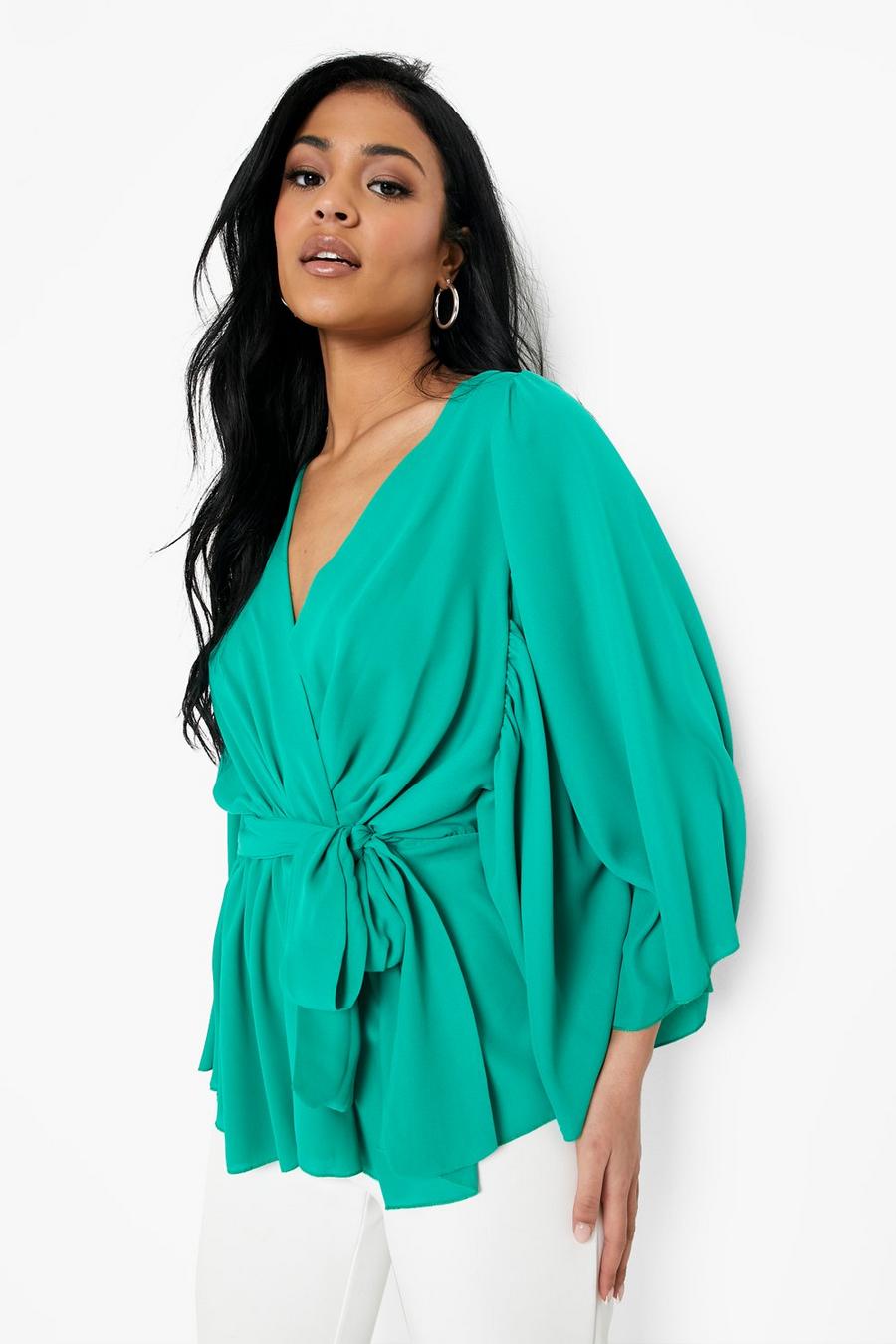 Green Tall Angle Sleeve Wrap Peplum Blouse image number 1