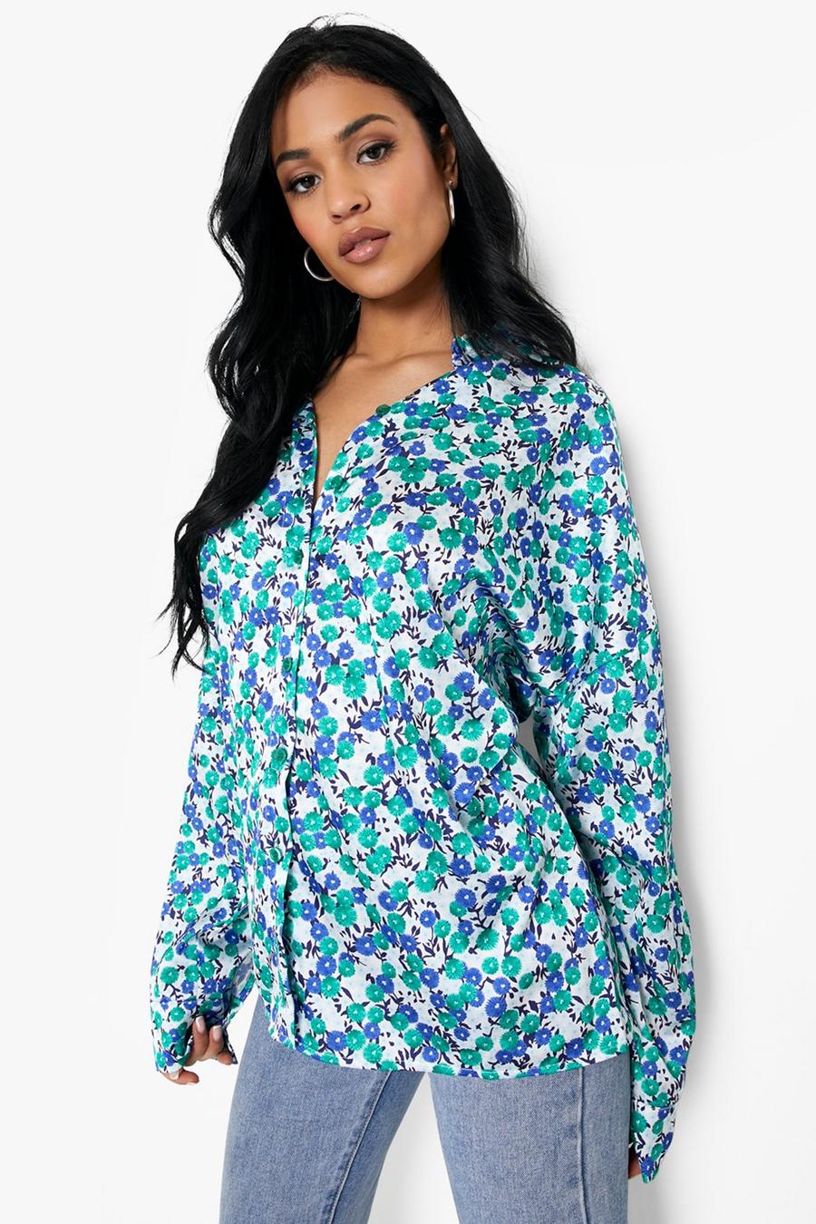 Blue Tall Floral Frill Neck Satin Shirt image number 1