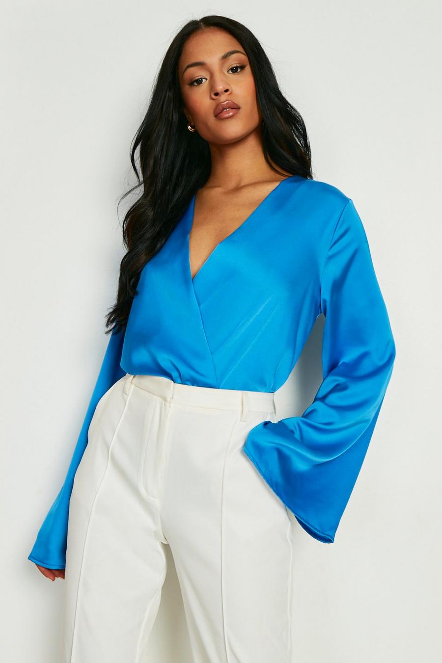 Blue Tall Satin Wrap Over Bodysuit image number 1