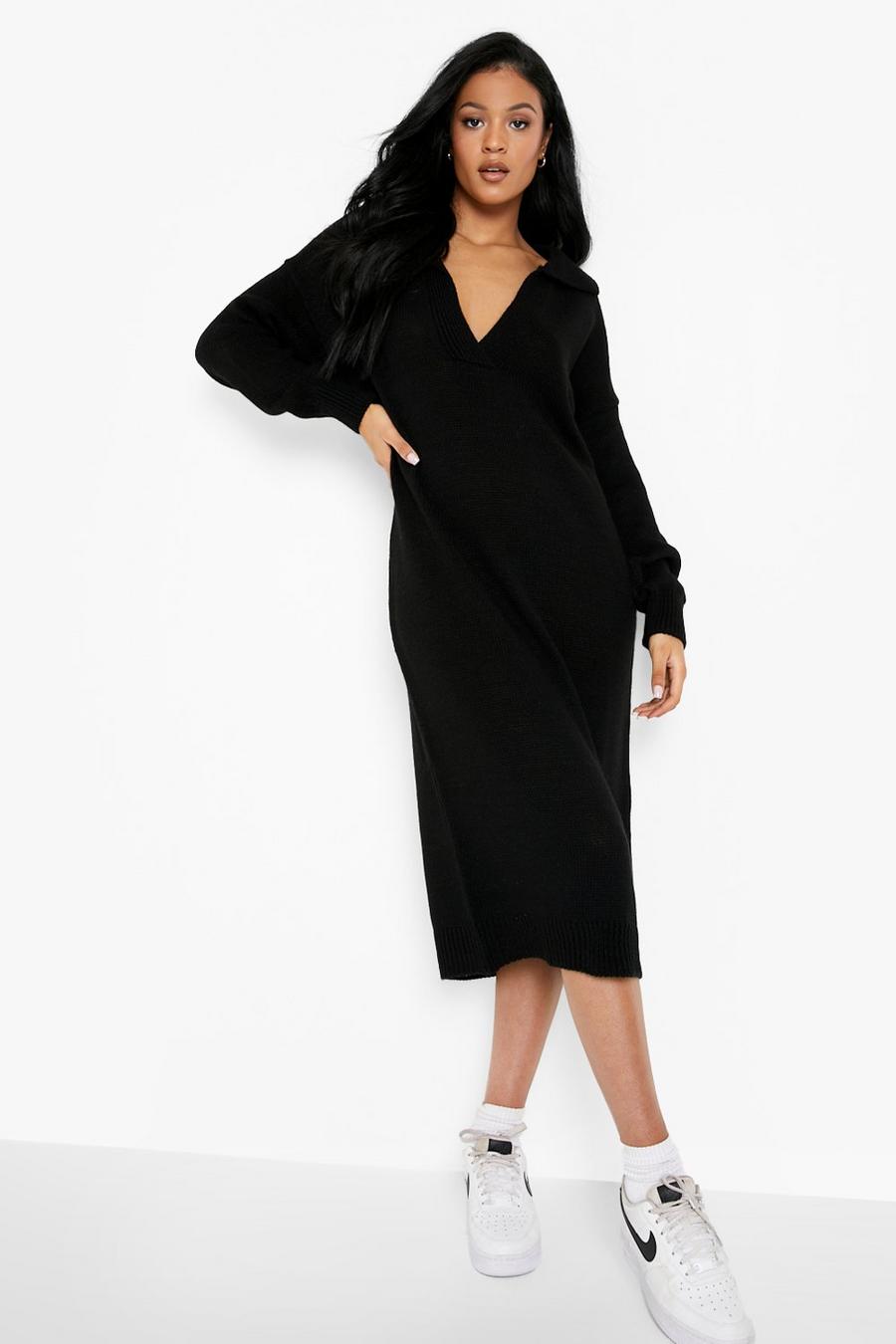 Black Tall Collared Knitted Midi Dress image number 1