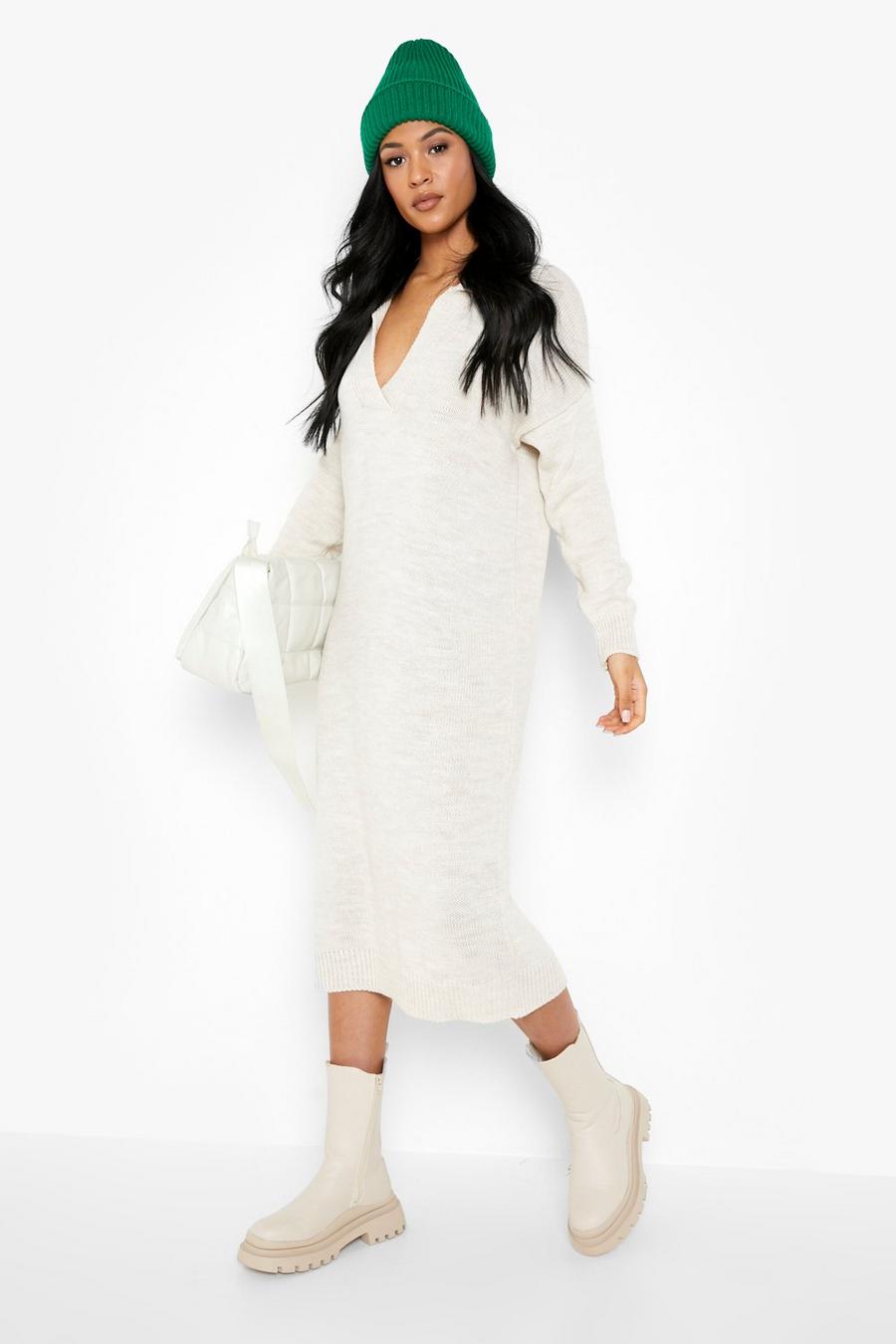Ecru white Tall Collared Knitted Midi Dress