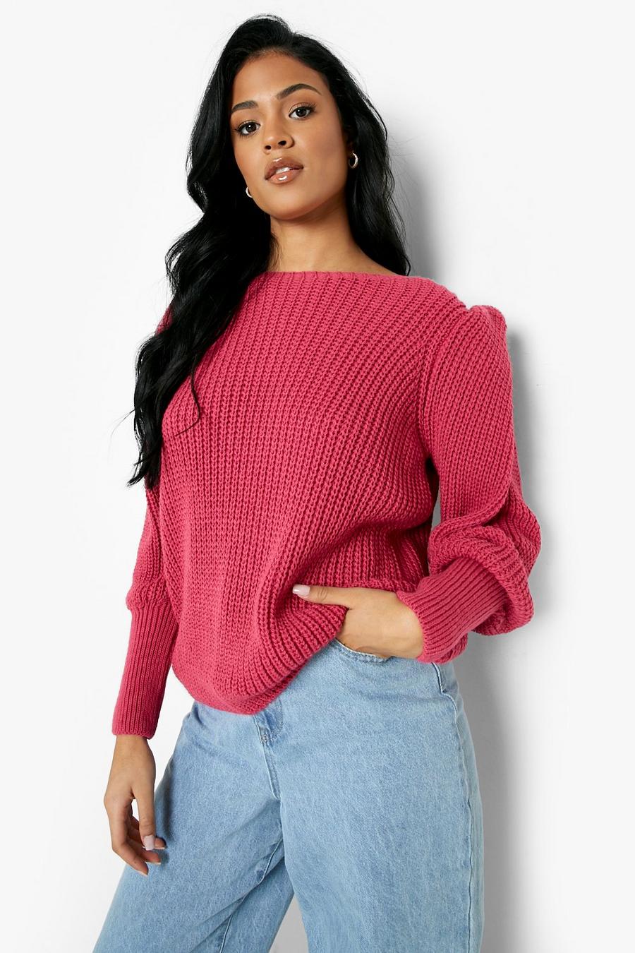 Neon-pink Tall Shoulder Pad Knitted Jumper
