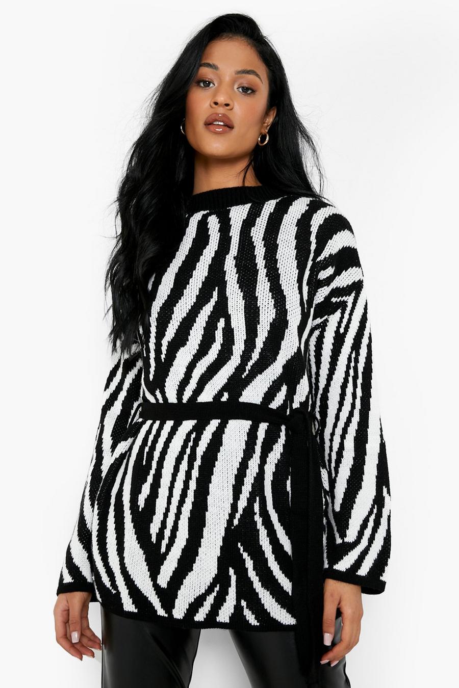 Black Tall Oversize stickad tröja med zebramönster image number 1