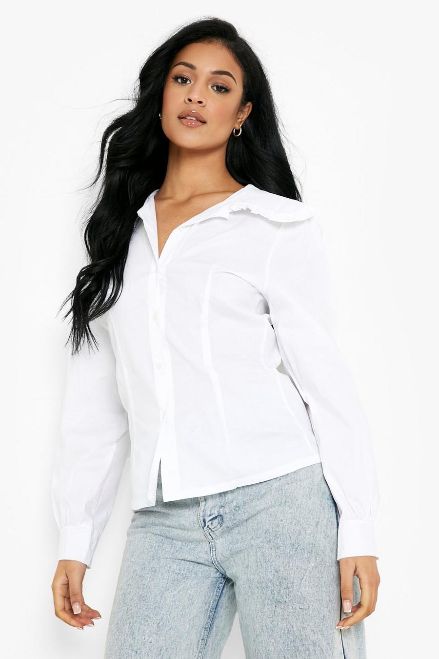 White Tall Collared Poplin Shirt image number 1