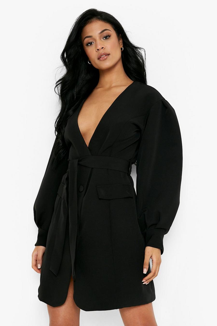 Black Tall Puff Sleeve Belted Blazer Dress image number 1