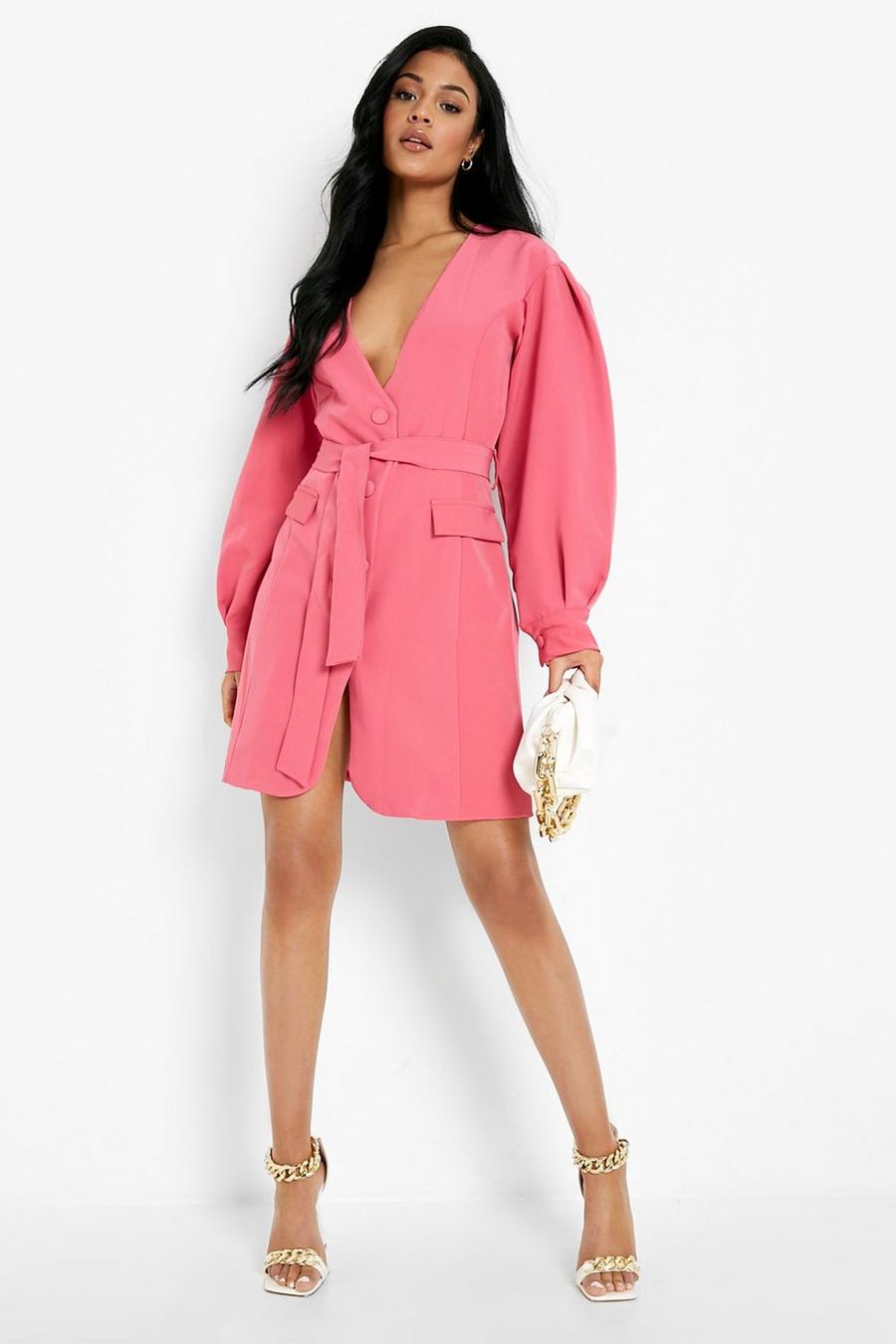 Hot pink Tall Puff Sleeve Belted Blazer Dress image number 1