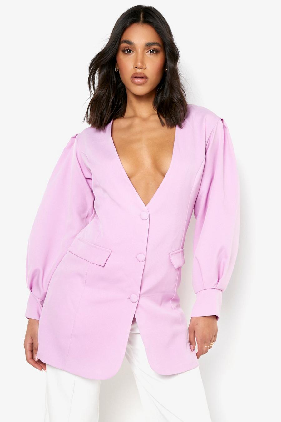 Lilac Tall Puff Sleeve Collarless Blazer image number 1