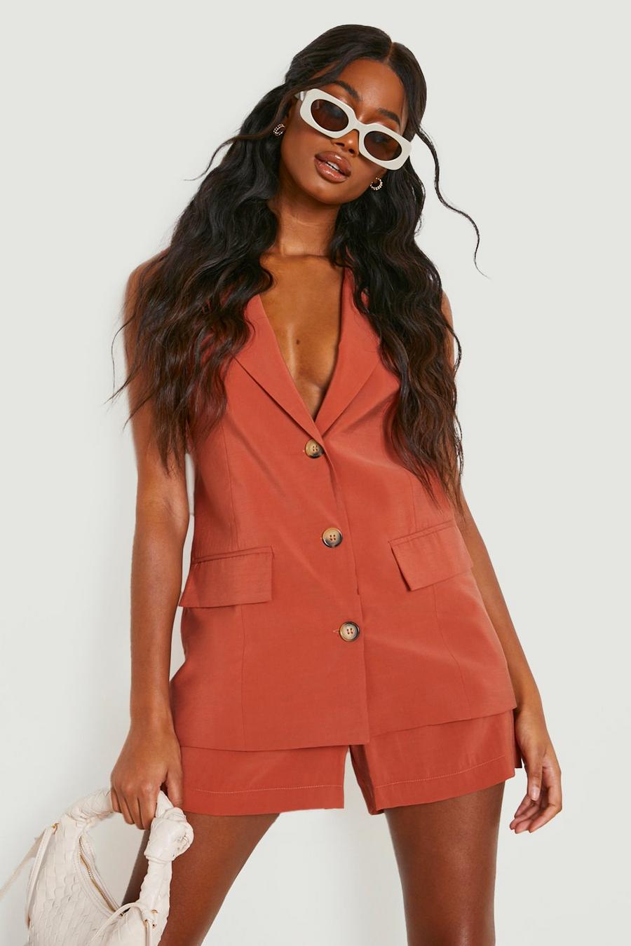 Terracotta Longline Relaxed Woven Tailored Vest image number 1