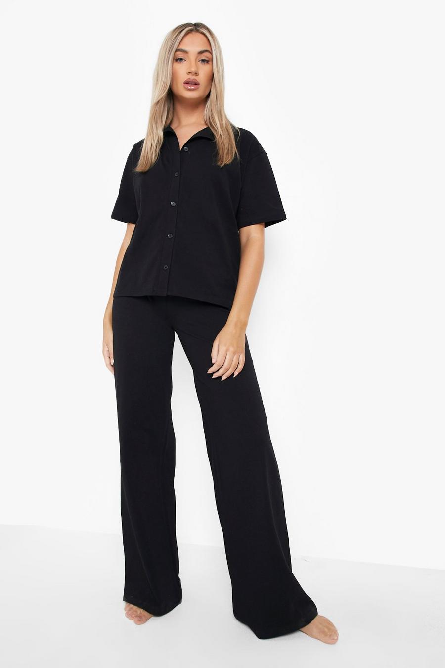 Black Recycled Jersey Button Shirt & Trouser Pj Set 