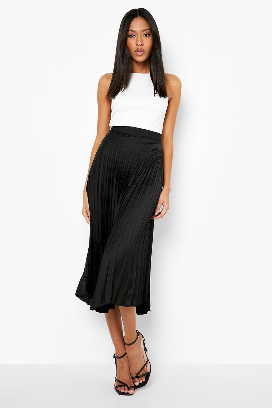 Black Tall Pleated Satin Midi Skirt image number 1