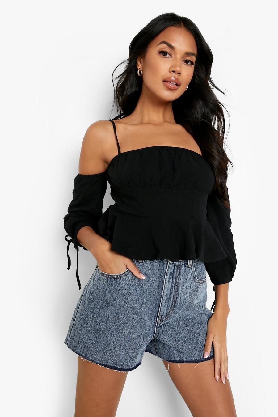 Black Woven Off The Shoulder Ruffle Top image number 1