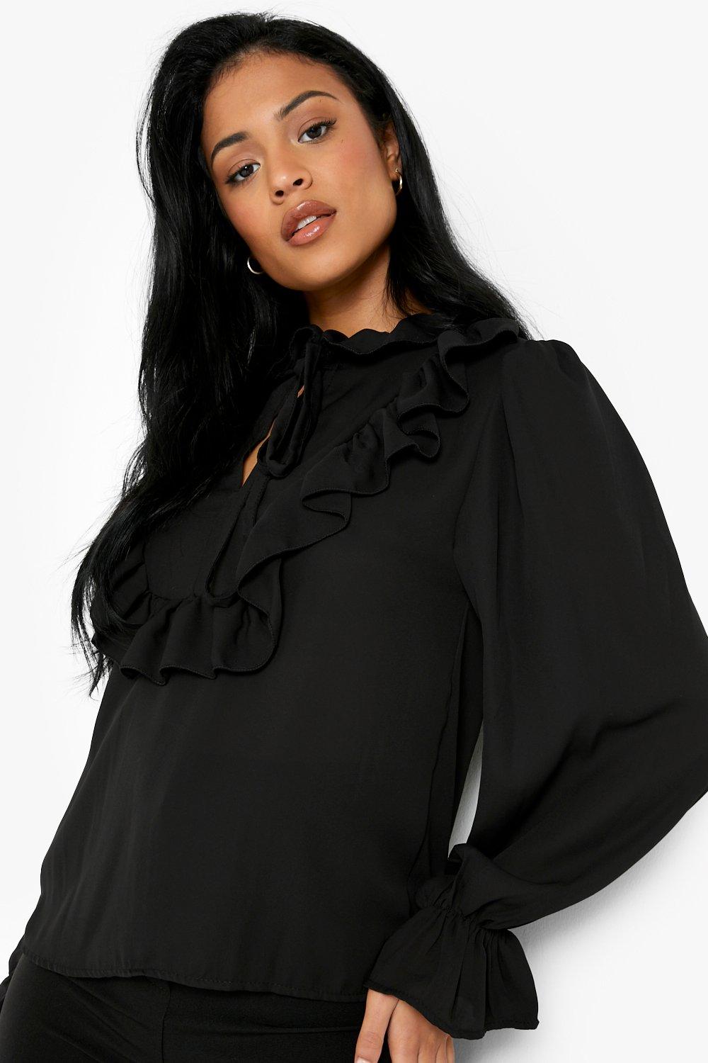 Ladies black cheap ruffle blouse