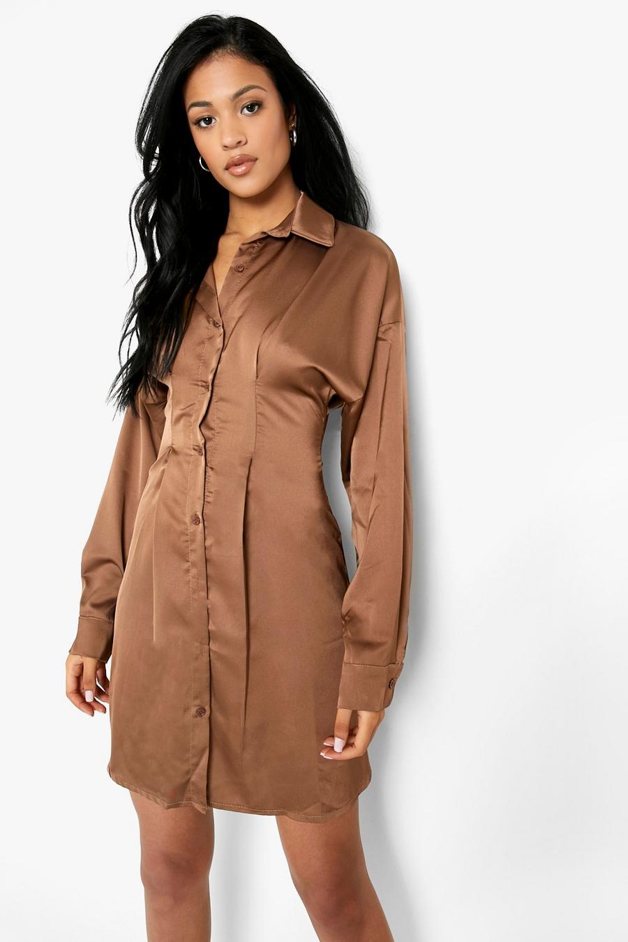 Chocolate brown Tall Satin Cinched Waist Shirt Dress