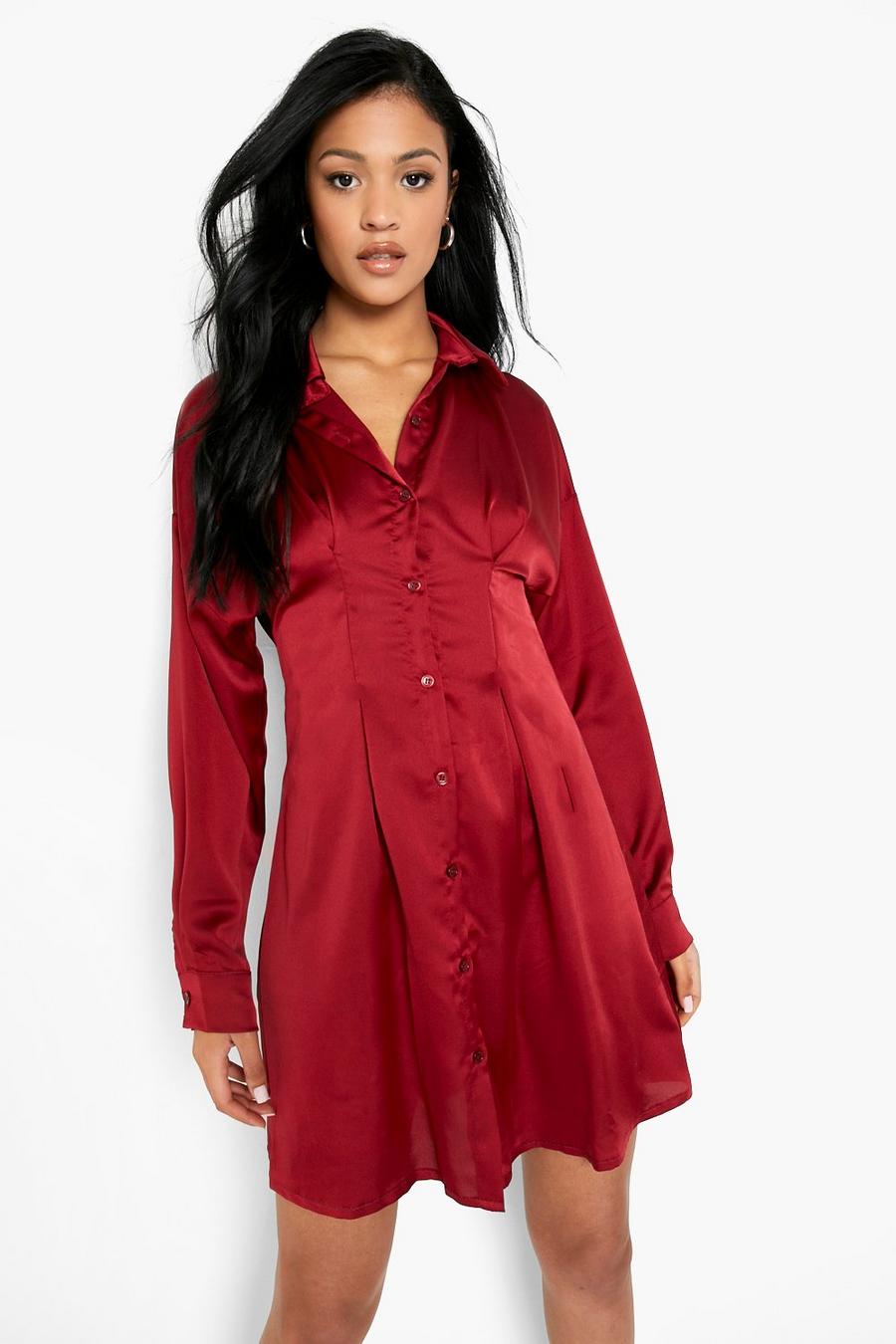 Dark red Tall Satin Cinched Waist Shirt Dress image number 1