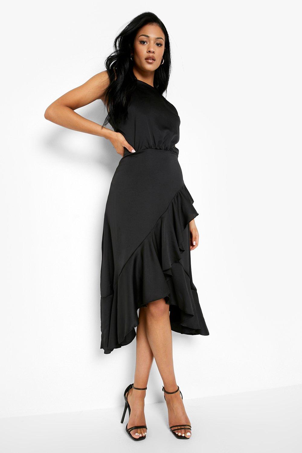 Tall Racer Neck Ruffle Satin Midi Dress boohoo UK