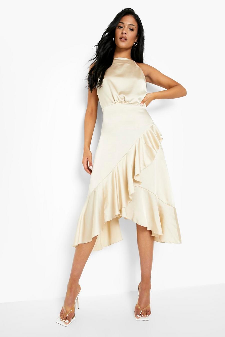Champagne Tall Racer Neck Ruffle Satin Midi Dress image number 1